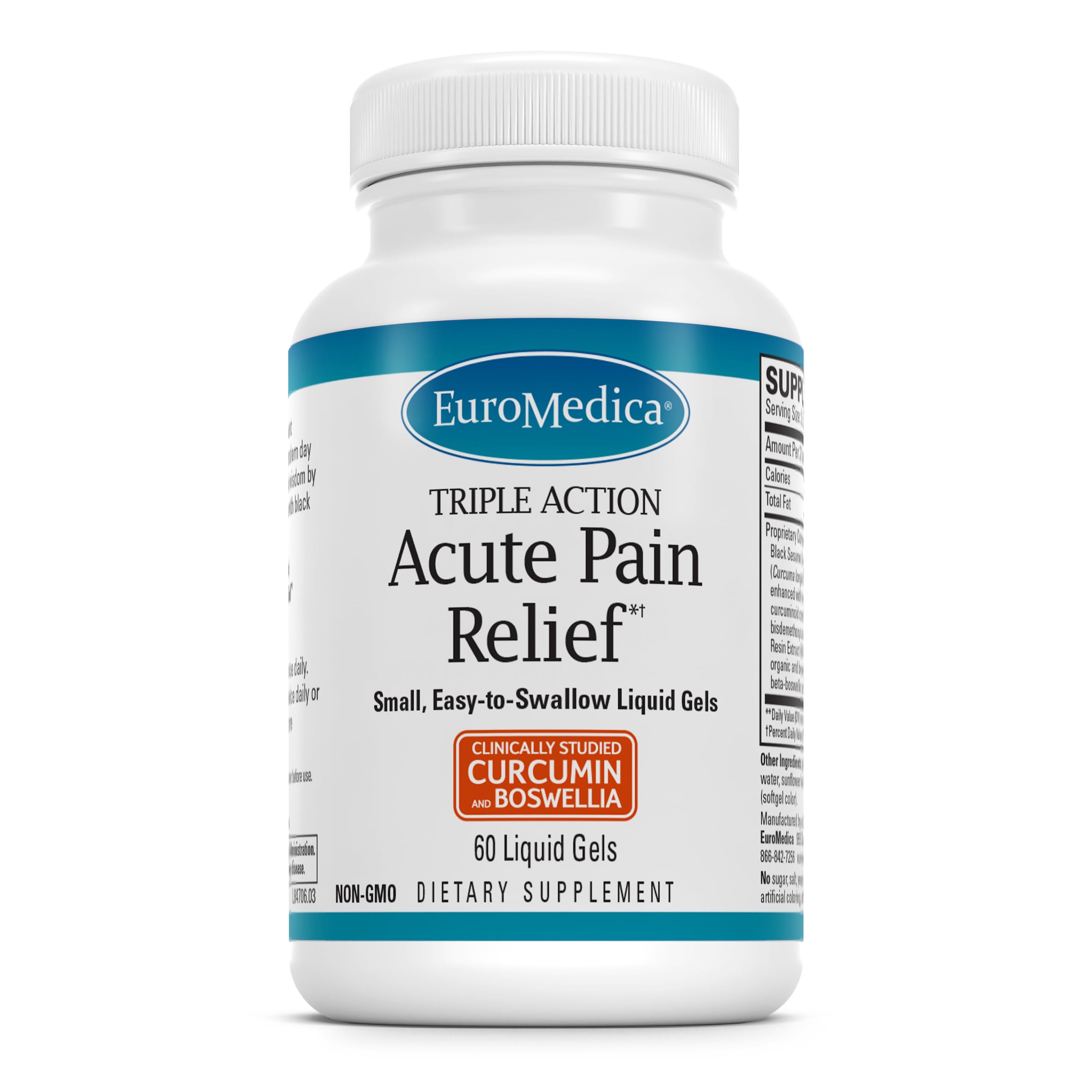EuroMedica Acute Pain Relief - Dietary Supplement with BCM-95 Curcumin & BOS-10 Boswellia - Black Sesame Seed Oil Supplement to Support Relief of Occasional Discomfort - 60 Liquid Gels EuroMedicaAu supplements