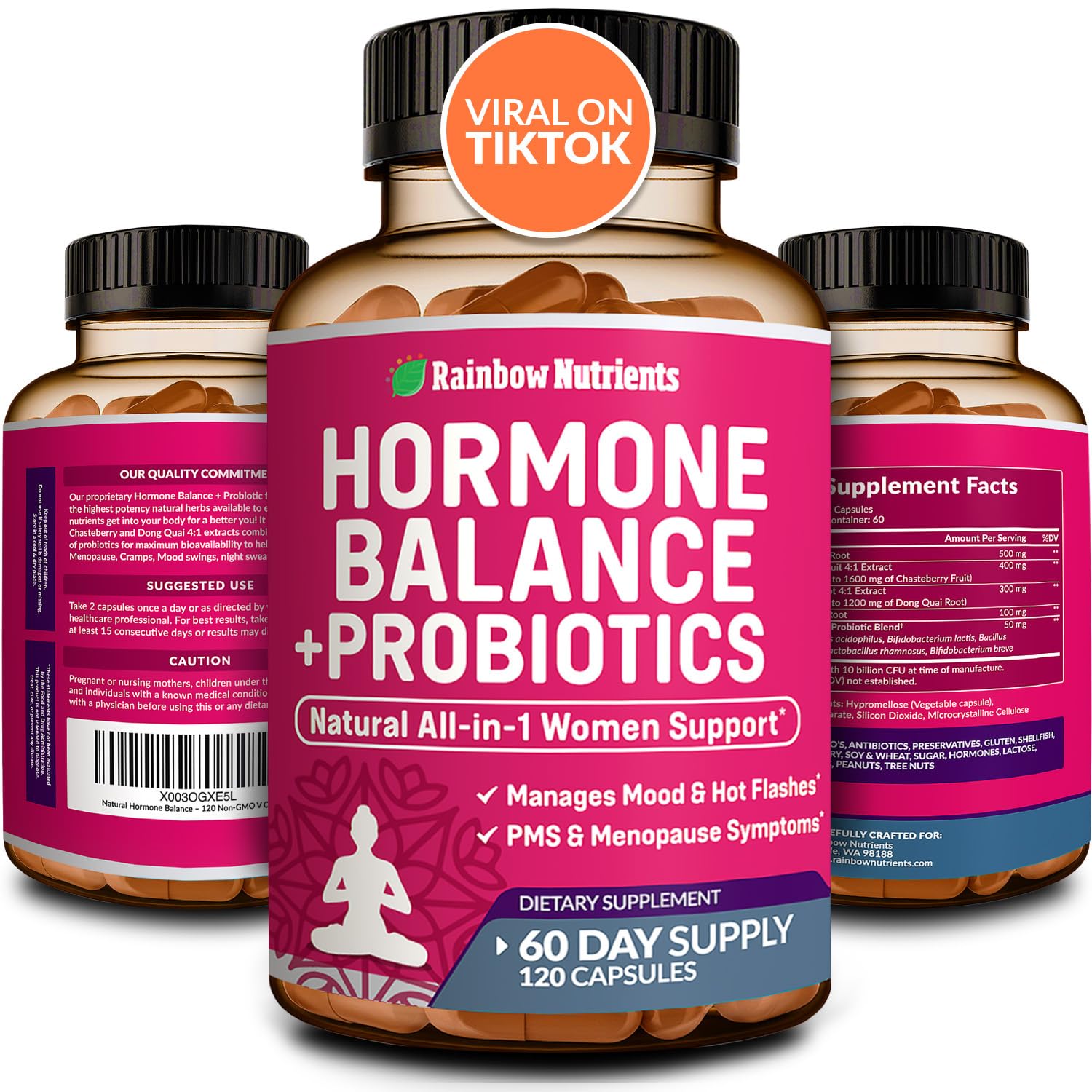 Hormone Balance + Probiotics for Women- Natural Menopause Relief, Weight Management, Bloating, Hot Flashes, PMS | Organic Maca, Chasteberry, Dong Quai & Black Cohosh | Non GMO |120 V Capsules Rainbow Nutrients, LLCAu supplements