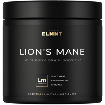 20,000mg 16x Strength Lions Mane Supplement Capsules Super Nootropic w. Ashwagandha & Rhodiola - Highest Potency Lion's Mane Mushroom Extract 50% Polysaccharides Brain Supplements for Memory and Focus TERRA ELMNTAu supplements