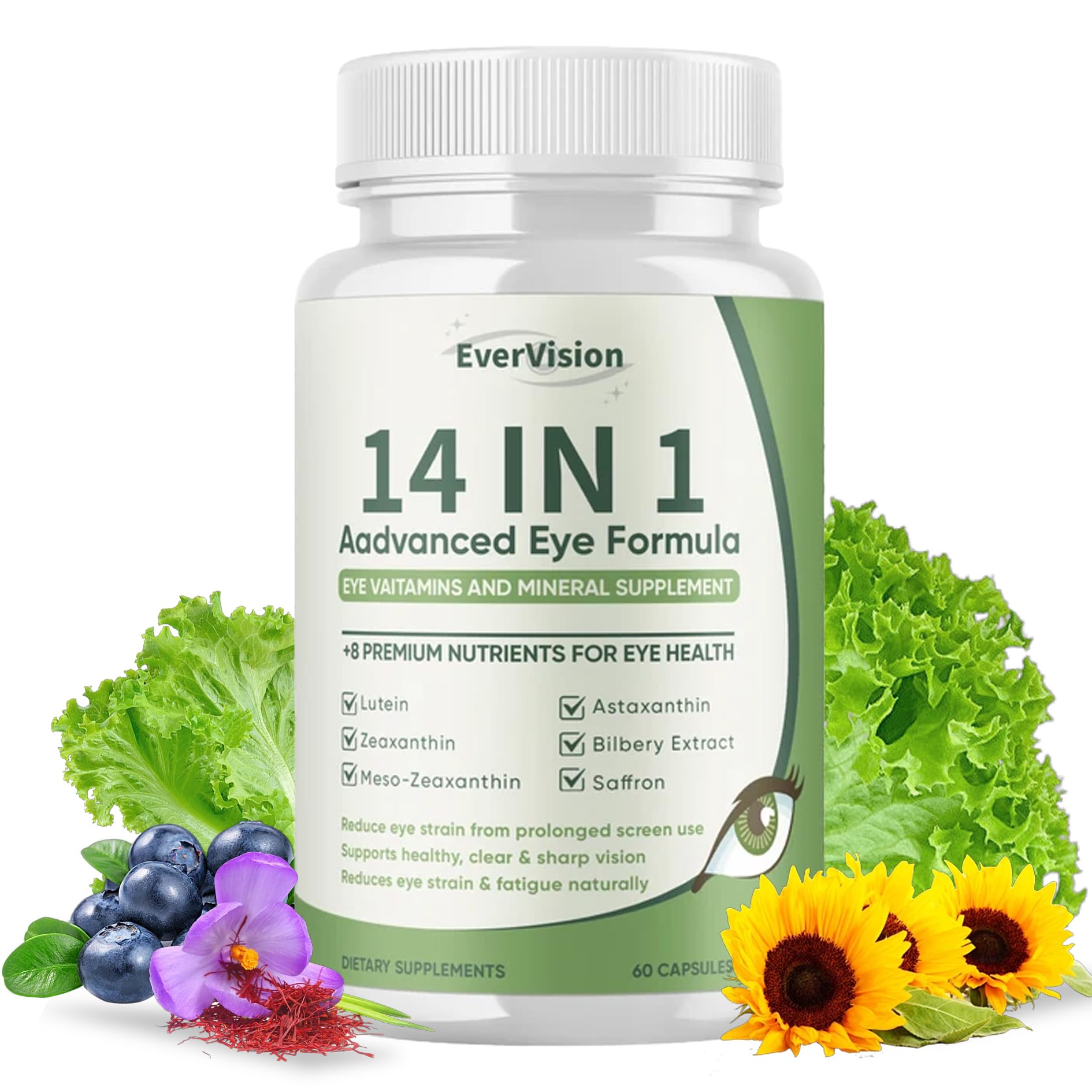 EVERVISION 14 in 1 Advanced Eye Formula, Eye Vitamin and Mineral Supplement with Zinc, Lutein, Zeaxanthin & Bilberry Extract, 60ct EVERVISIONAu supplements