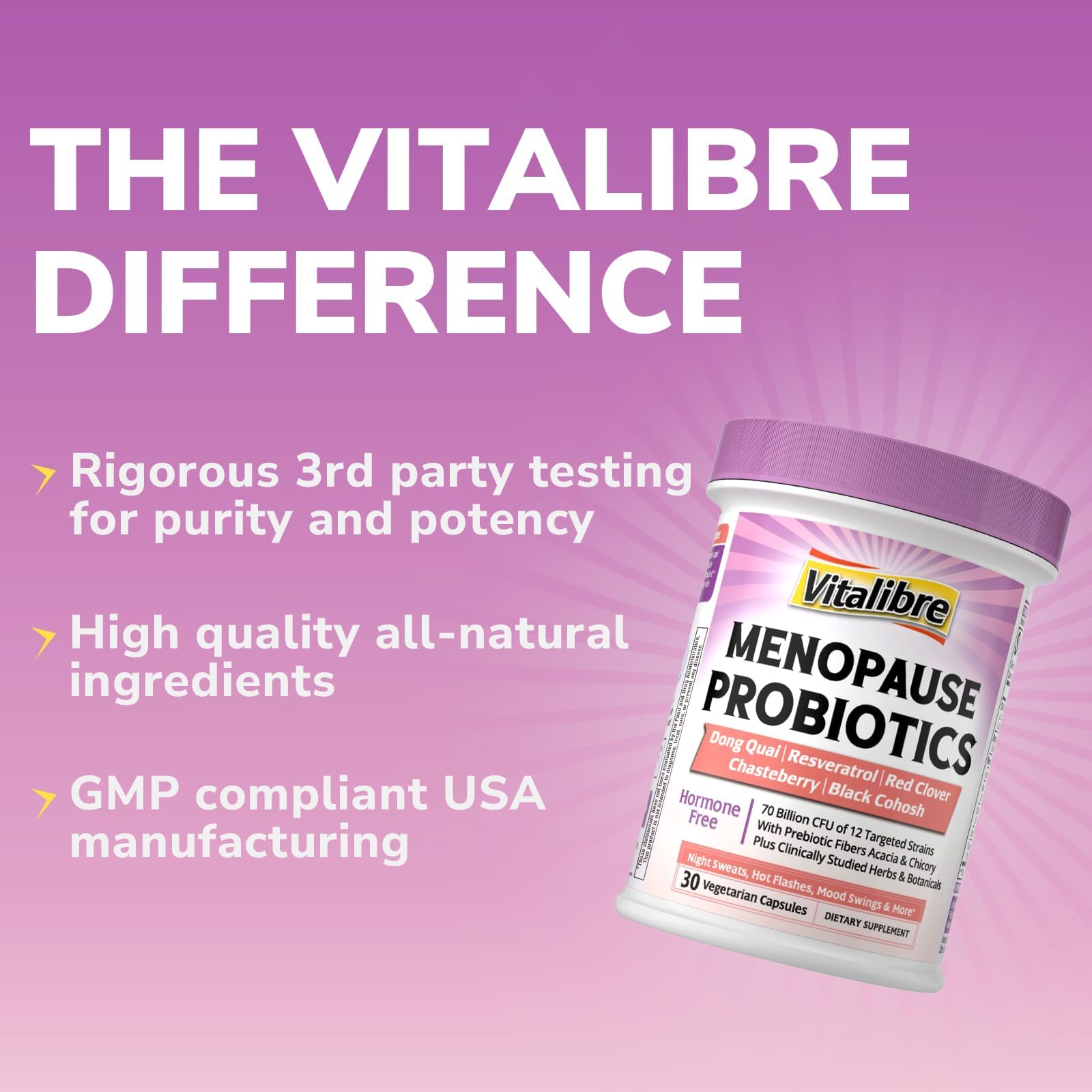 Vitalibre Menopause Probiotics for Women 70 Billion CFU, 12 Targeted Strains, Organic Prebiotics, Black Cohosh Resveratrol Red Clover Chasteberry Dong Quai, Hot Flash Night Sweat+, No Estrogen, 30 Ct VitalibreAu supplements