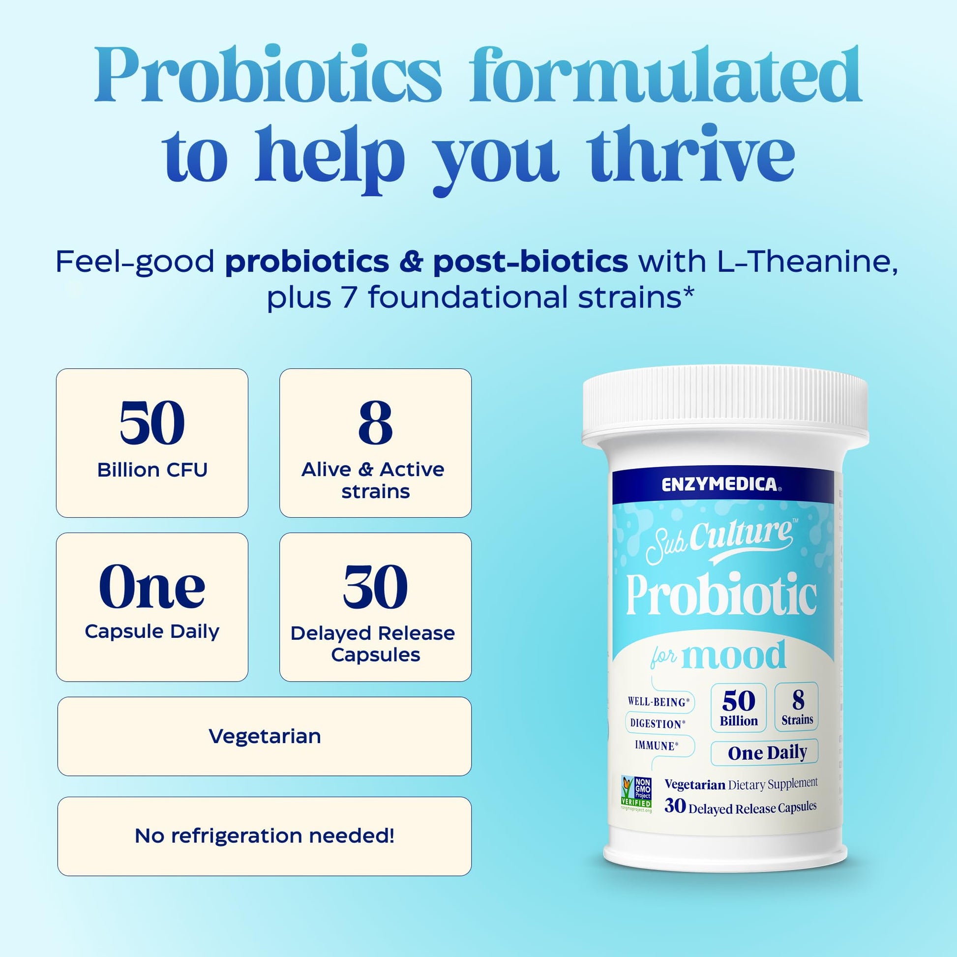 Enzymedica SubCulture Probiotics for Mood, Stress, & Sleep, 50 Billion CFU, Promotes Relaxation, Immune + Digestive Health & Regularity, 30 Count EnzymedicaAu supplements