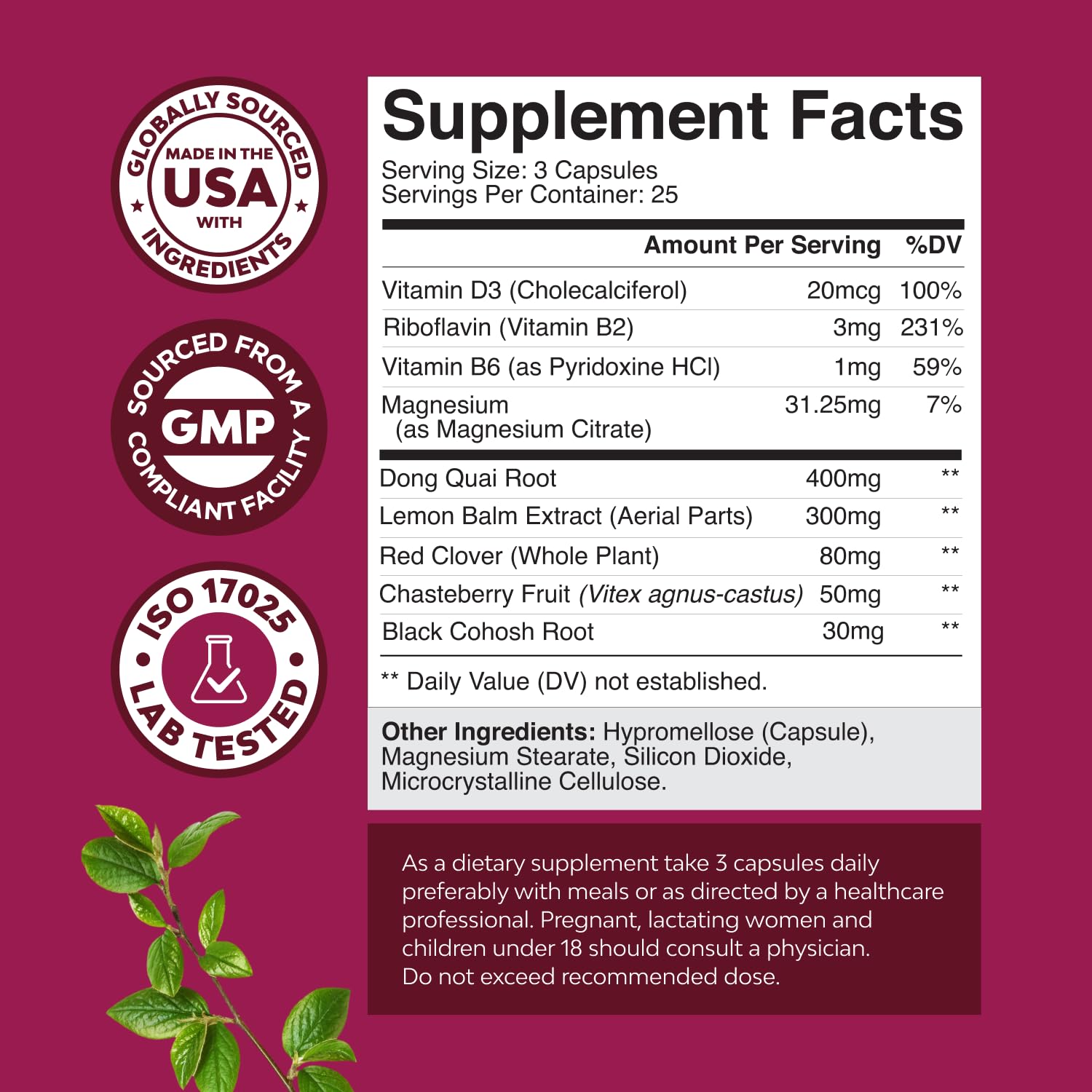 Complete Herbal Menopause Supplement for Women - Soy Free Female Hormone Balance Capsules for Night Sweats Hot Flashes & Mood Swings with Dong Quai, Chaste Berry & Black Cohosh Root - 75 Count Natures CraftAu supplements