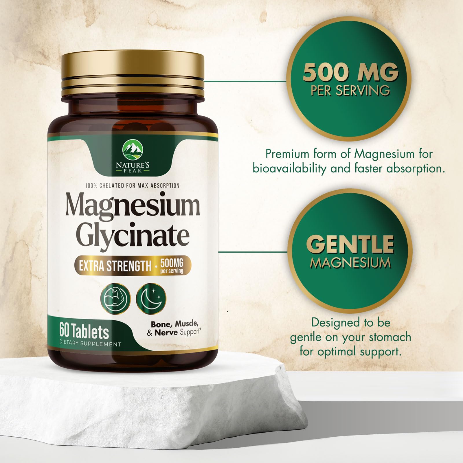 Magnesium Glycinate 500mg Per Serving - High Absorption Chelated Magnesium Supplement for Muscle, Bone and Heart Health Support - Easy Digestion & Gentle on Your Stomach - USA Bottled - 60 Tablets Nature's PeakAu supplements