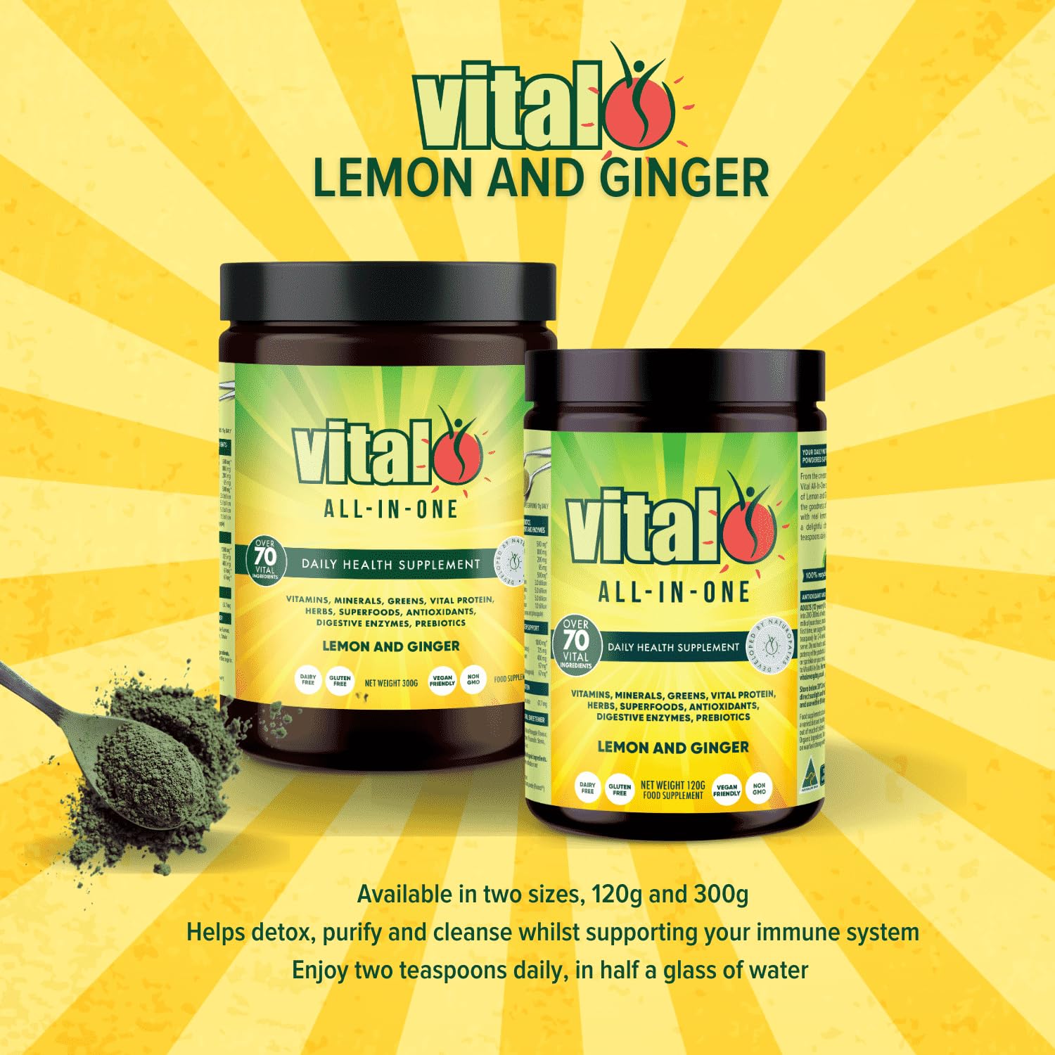 Vital All-in-One Daily Powdered Supplement - Natural Greens Superfood Powder for Energy & Health, Super Greens Powder Drink Mix with Probiotic & Antioxidant Support - Lemon & Ginger, 4.23 oz (120 g) VitalAu supplements