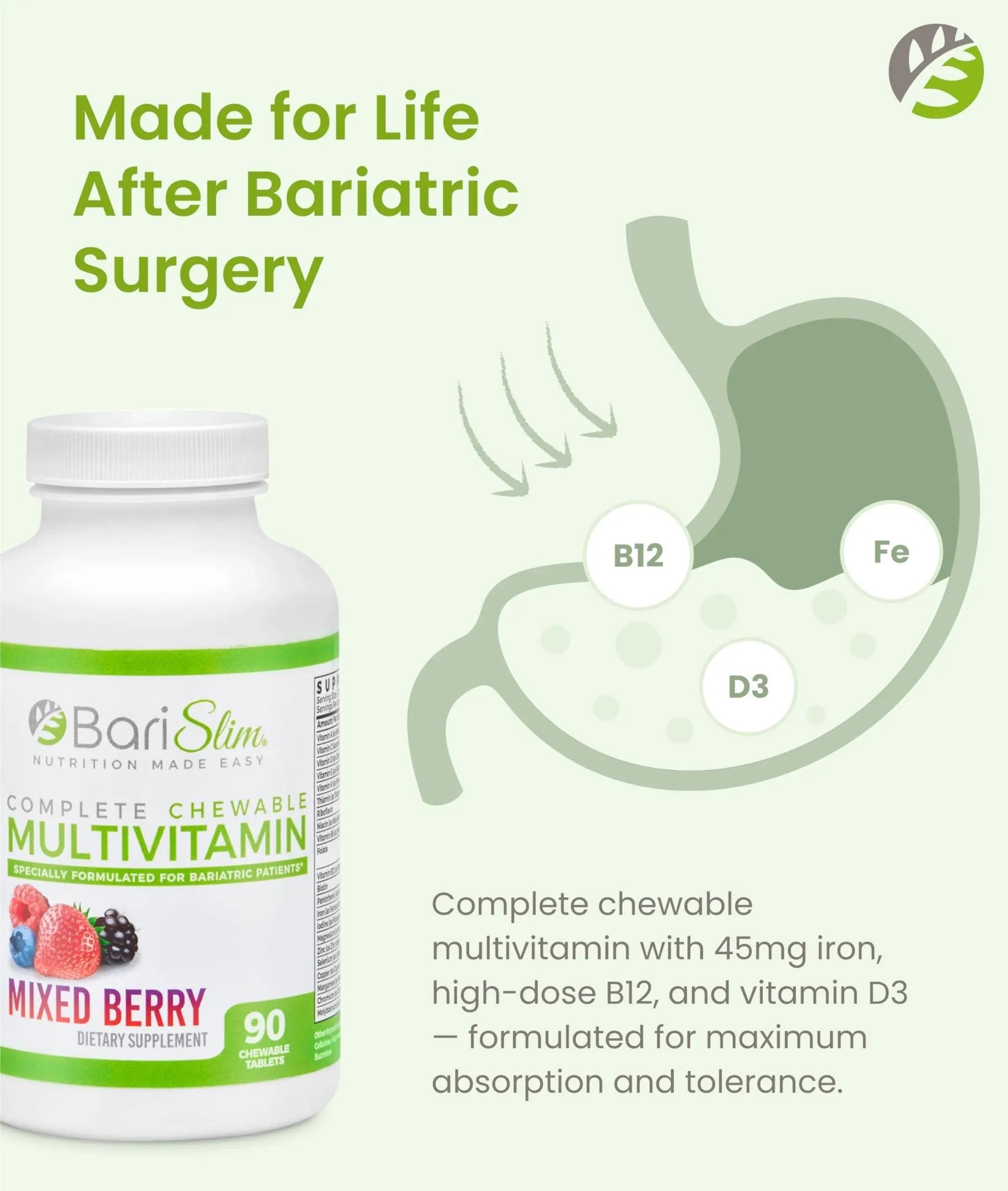 BariSlim Complete Chewable Bariatric Multivitamin Tablets - 45 mg Iron - Bariatric Vitamin & Supplement for Post Bariatric Surgery Including Gastric Bypass BariSlimAu supplements