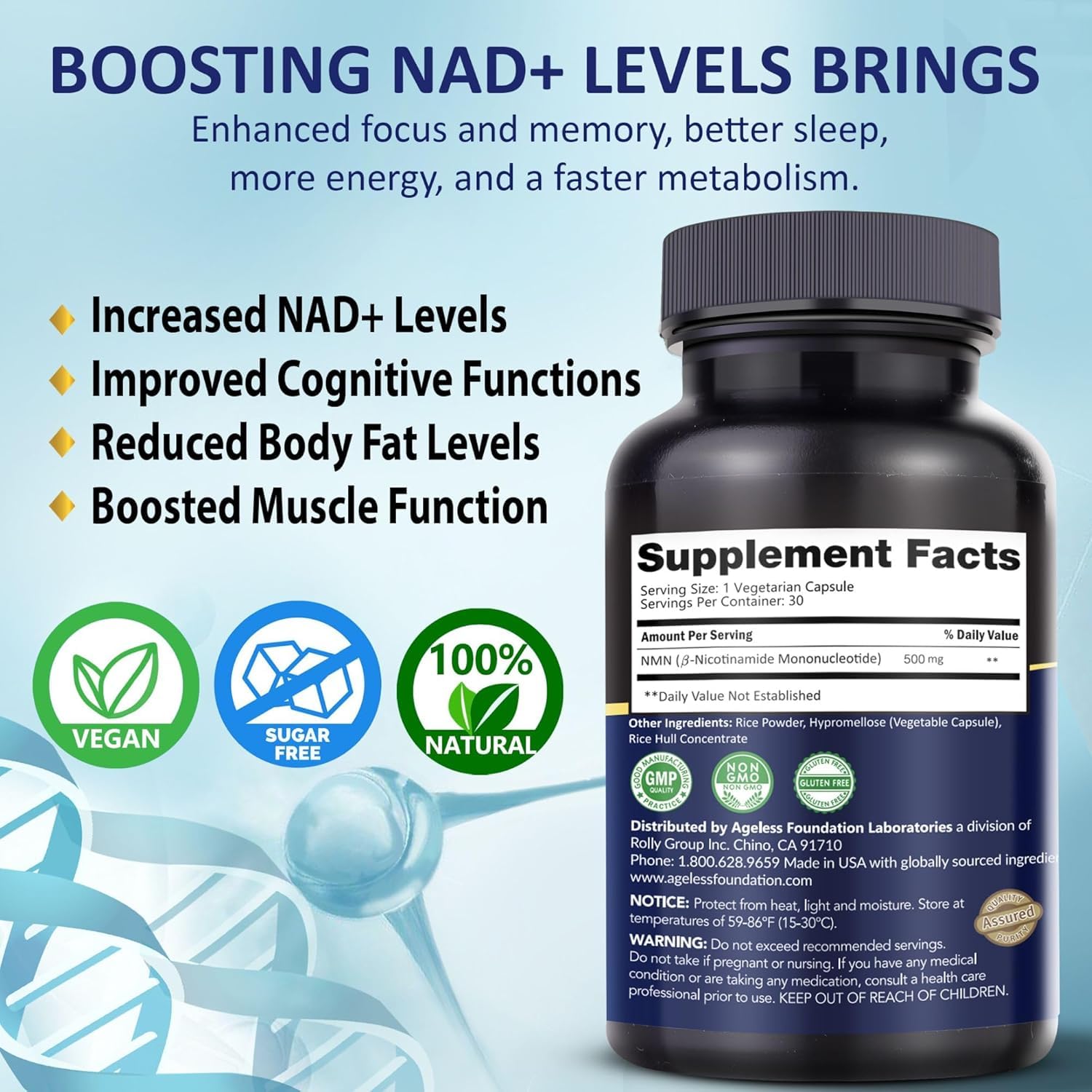 NMN Supplement 500mg Nicotinamide Mononucleotide | Supports NAD+ Levels, Energy, Cognitive Function, Muscle Health & Healthy Body Composition – Capsules (30) Ageless Foundation LaboratoriesAu supplements