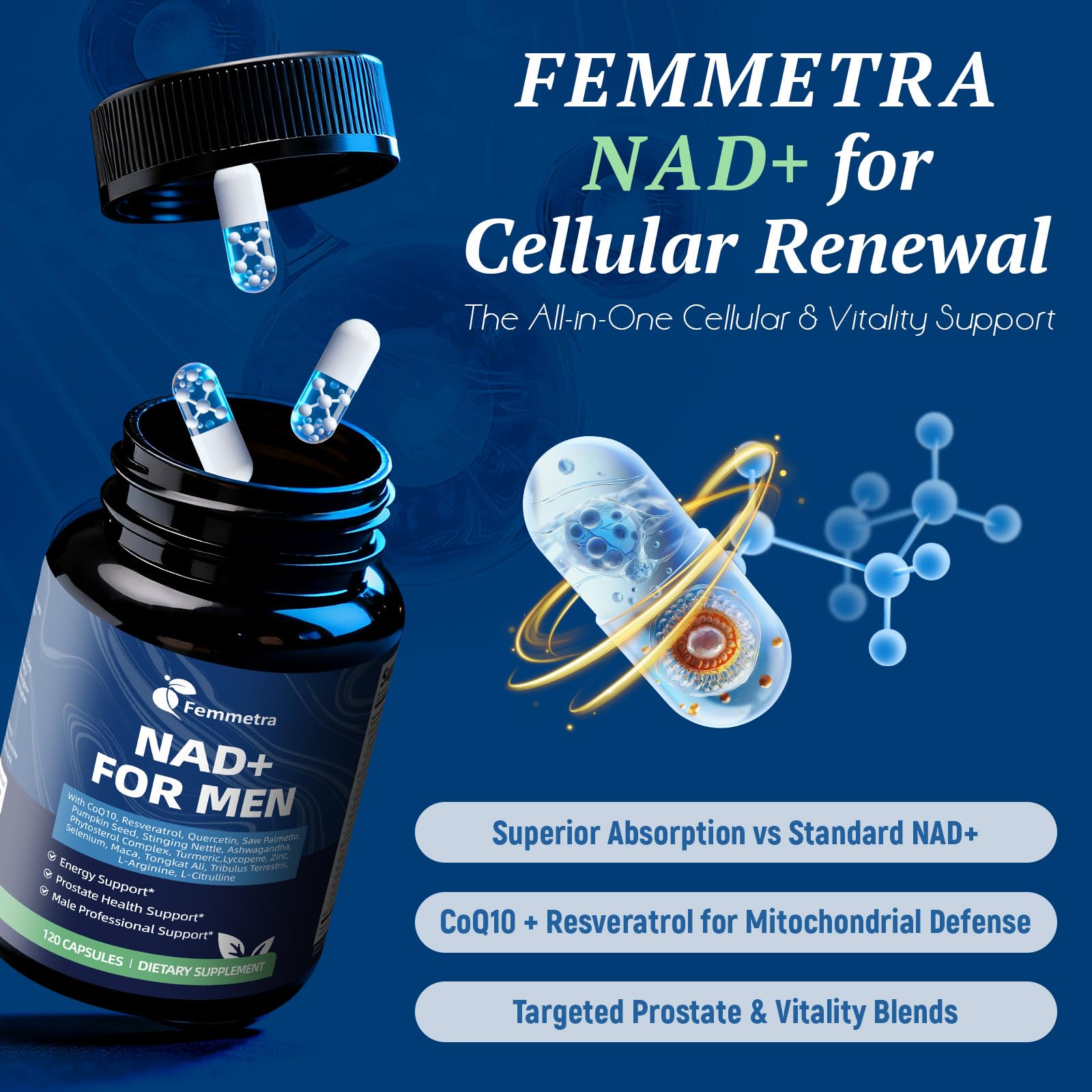 Femmetra NAD+ Supplements for Men with Saw Palmetto | All-in-One Cellular Energy, Prostate Support & Nitric Oxide Supplement with Resveratrol, L-Arginine | Non-GMO, 120 Capsules FemmetraAu supplements