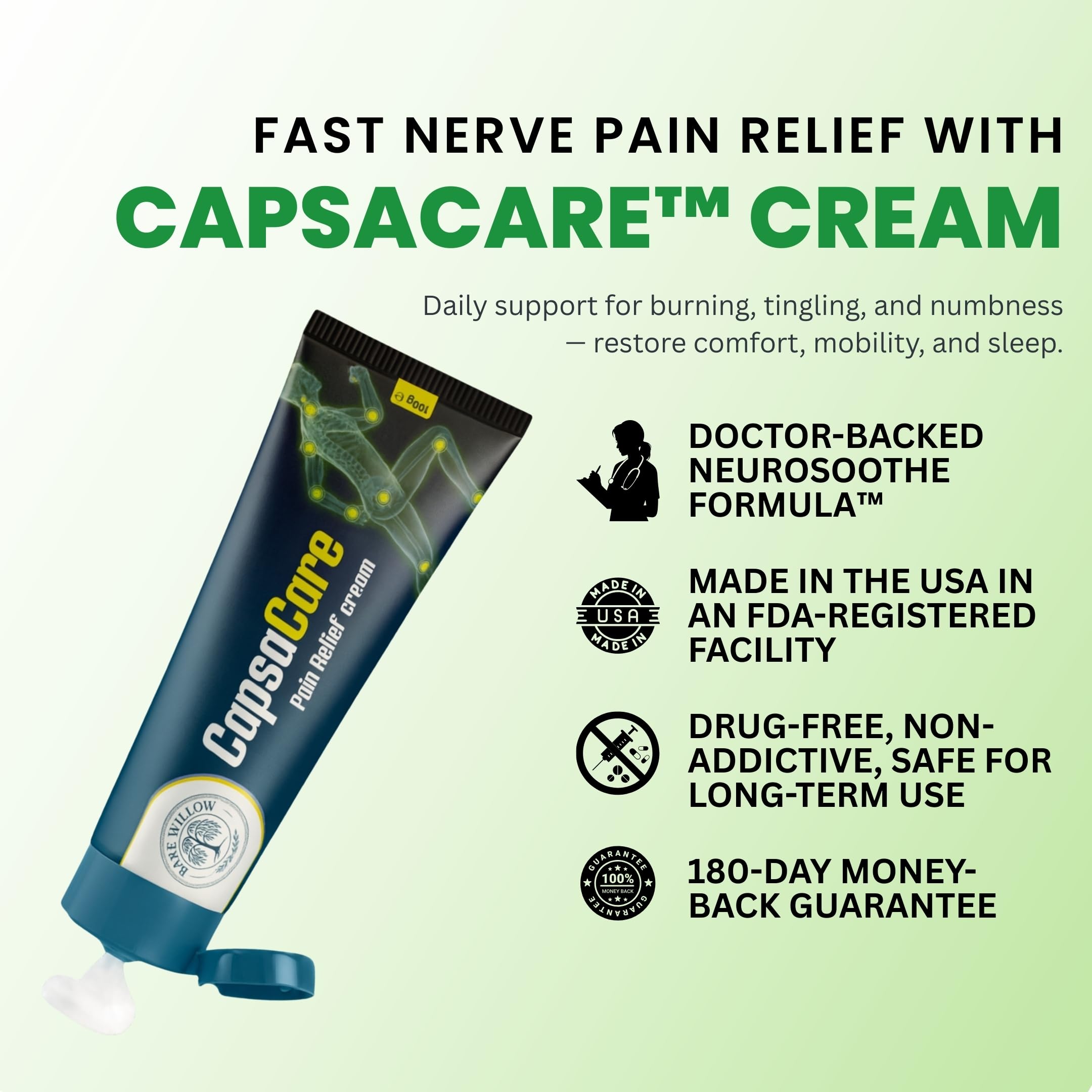 CapsaCare Cream with Capsaicin 0.125% & Magnesium, NeuroSoothe Blend with Arnica, Glucosamine, Menthol & Aloe, Fragrance Free, Non Greasy, Hydrating Topical Skin Cream for Men and Women, 100g (1 Pack) Bare WillowAu supplements