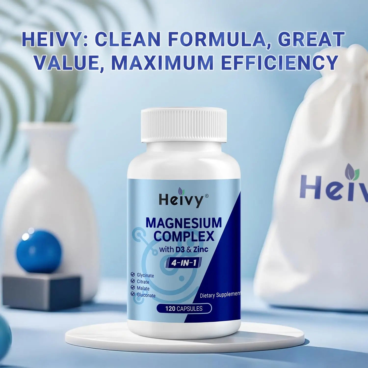 Heivy 4 in 1 Magnesium Complex with Zinc & Vitamin D3, 320mg Elemental Magnesium (Glycinate/Citrate/Gluconate/Malate), 120 Capsules (4 Months Supply), Vegan, Non-GMO, Gluten-Free, 3rd Party Tested Heivynz supplements