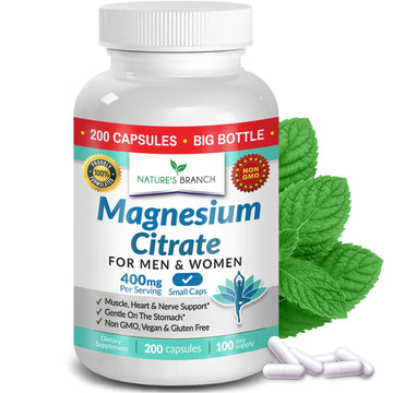 Magnesium Citrate 400mg | 200 Capsules, High Absorption for Sleep, Relax, Leg Cramps, Energy, Extra Strength Easy to Swallow Small Pills for Women & Men, Vegan Supplement for Digestion, Not Tablets NATURE'S BRANCHAu supplements