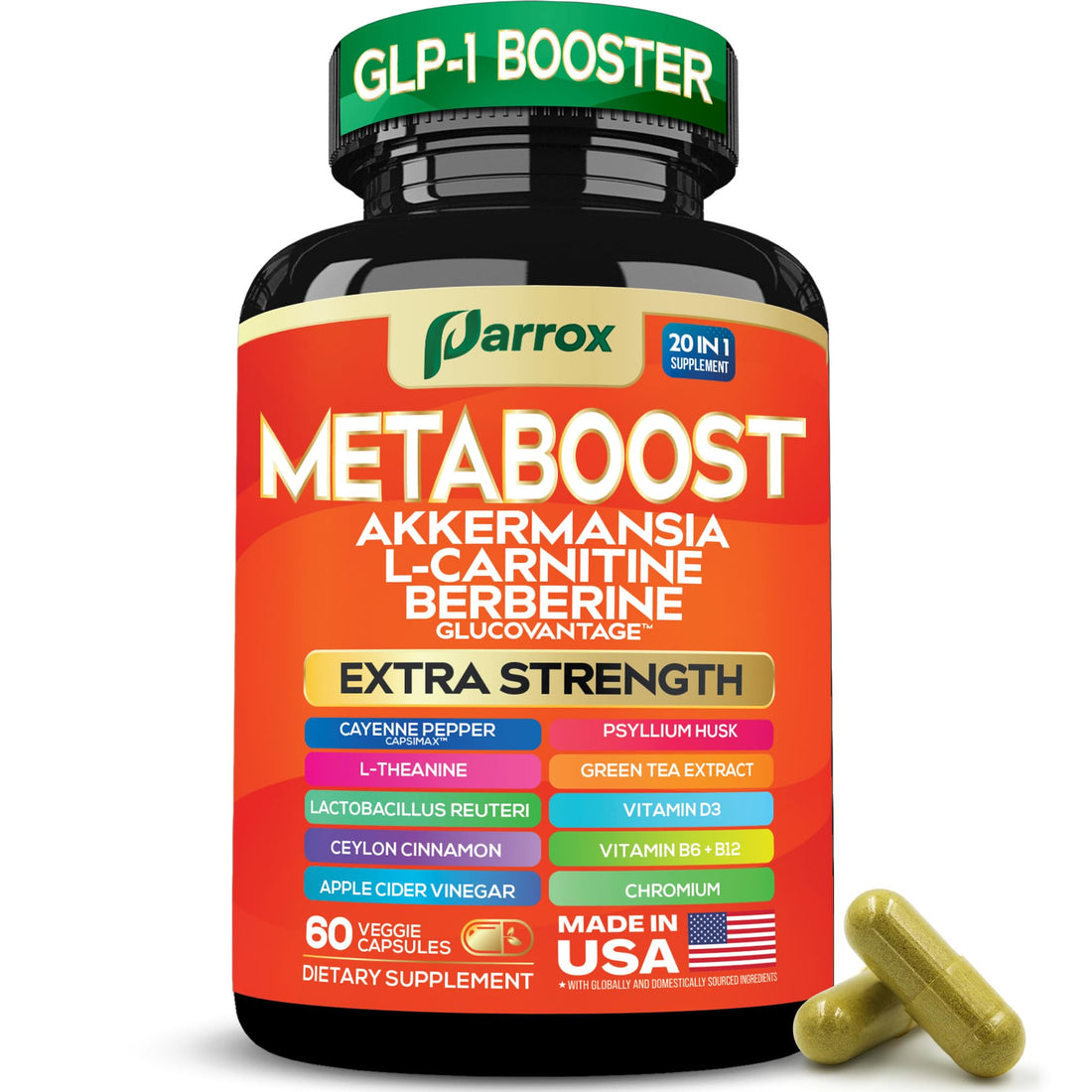 GLP-1 Booster Supplement, Akkermansia, L-Carnitine, Berberine (GlucoVantage), Methylfolate, Methylated B12, Chromium, Capsimax, Psyllium Husk, Probiotics Vitamins D3, B6, 20-in-1 Plant-Based (60 Caps) ParroxAu supplements