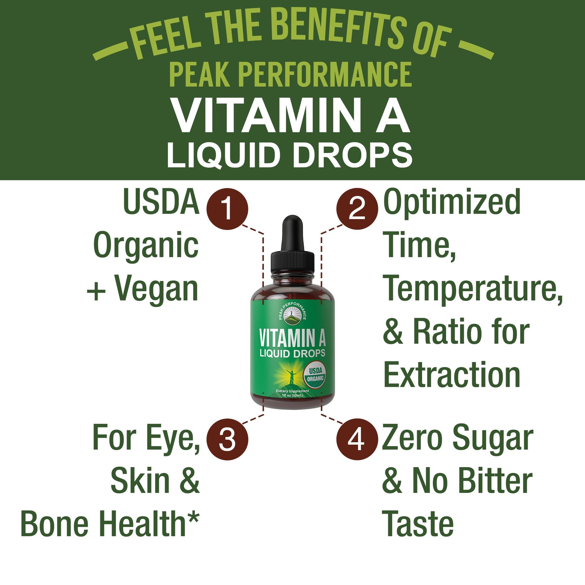USDA Organic Vitamin A Liquid Drops Supplement. Vegan High Bioavailability for Eye, Skin + Bone Health. for Adults, Men, Women, Kids. Vit A Oil Retinyl Palmitate. Gluten Free, Zero Sugar. 100 Servings Peak PerformanceAu supplements