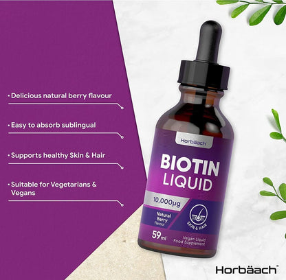 Biotin Liquid Drops for Hair & Skin Support | 10000 mcg Supplement | 59 ml Vitamin B7 HorbäachUS supplements