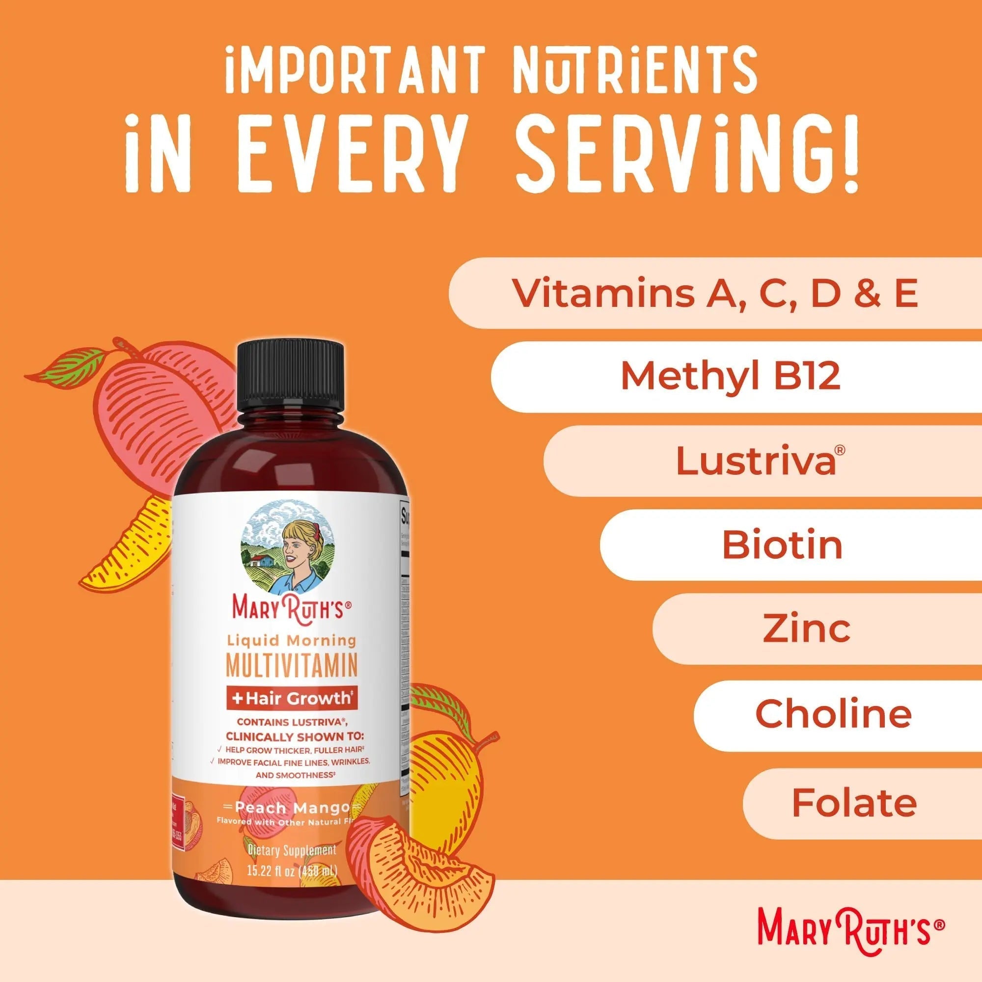 MaryRuth's MaryRuth's Liquid Morning Multivitamin +Hair Growth (Peach Mango, 15.22oz) & Iron Liquid (Berry) | Clean Label Project Verified® | MARYRUTH'SAu supplements