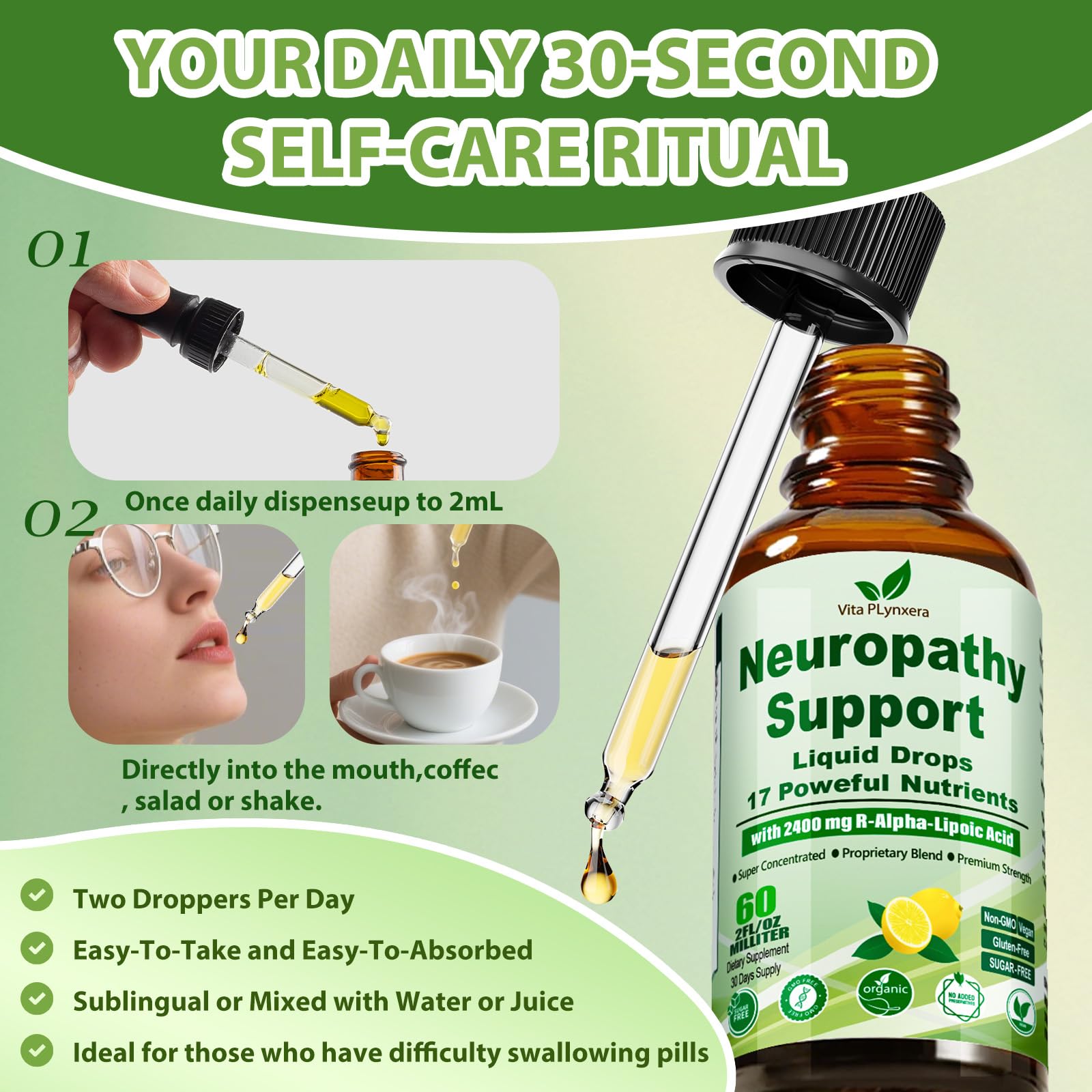 Neuropathy Supplements Liquid Drops, Advance 17-in-1 Stabilized R-Alpha Lipoic Acid (R-ALA) w. Acetyl L-Carnitine Vitamin B-Complex Magnesium, High Potency R-Lipoic Acid for Nerve Antioxidant Energy Vita PLynxeraAu supplements