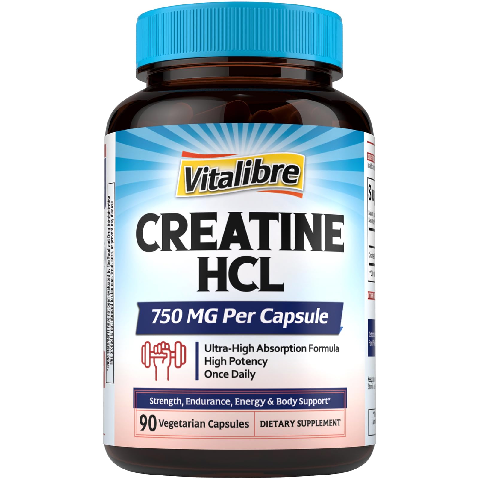 Vitalibre Creatine HCl Capsule, 750mg High Absorption Creatine Hydrochloride, Endurance, Strength, Fast Absorbing, No Load, No Bloat, Monohydrate Micronized Alternative, Once Daily, 90 Capsules VitalibreAu supplements
