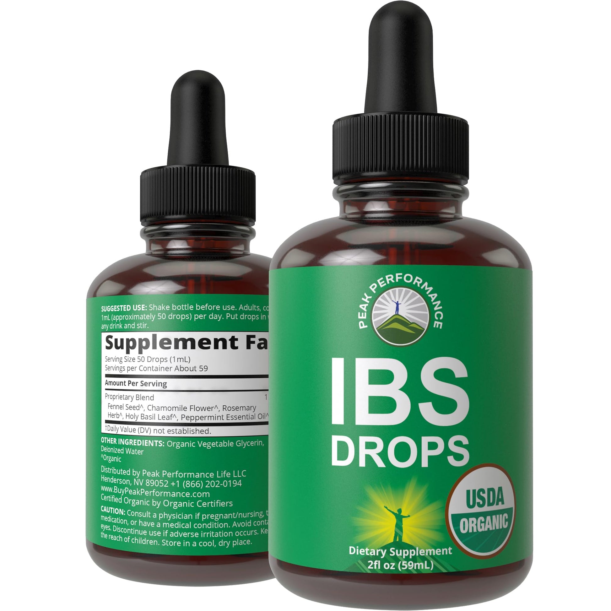 USDA Organic IBS Relief 5-in-1 Liquid Drops. for Ingestion, Bloating, Gas. Irritable Bowel Supplement with 5 Organic Ingredients. Peppermint Oil, Fennel Seed, Chamomile Flower, Rosemary, Holy Basil Peak PerformanceAu supplements