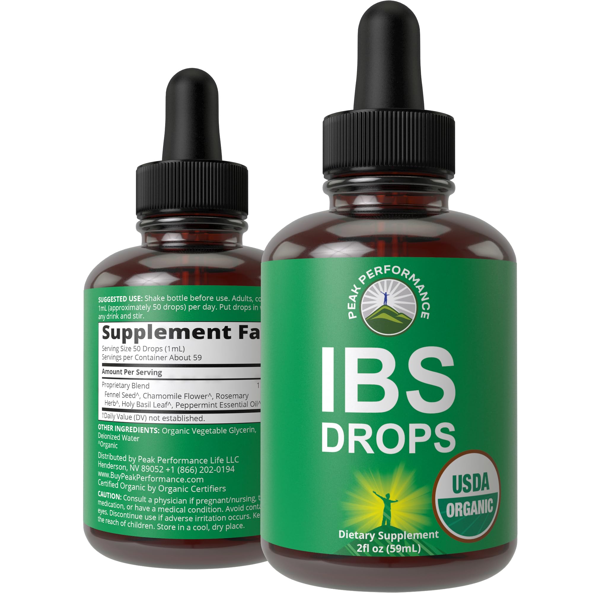 USDA Organic IBS Relief 5-in-1 Liquid Drops. for Ingestion, Bloating, Gas. Irritable Bowel Supplement with 5 Organic Ingredients. Peppermint Oil, Fennel Seed, Chamomile Flower, Rosemary, Holy Basil Peak PerformanceAu supplements