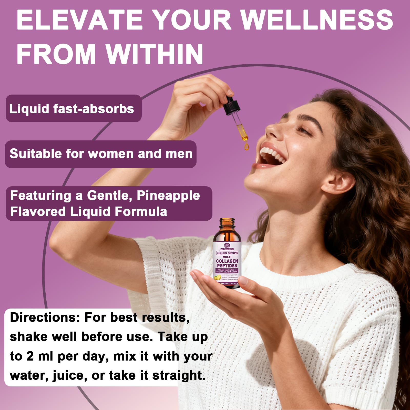 Multi Collagen Peptides Liquid Drops, 2oz – Types I, II, III, V, X, Hydrolyzed Collagen Complex for Hair, Skin, Nails, Bones & Joint Support | Collagen Supplement w. Hyaluronic Acid, Biotin, Vitamin C WellVeraVidaAu supplements