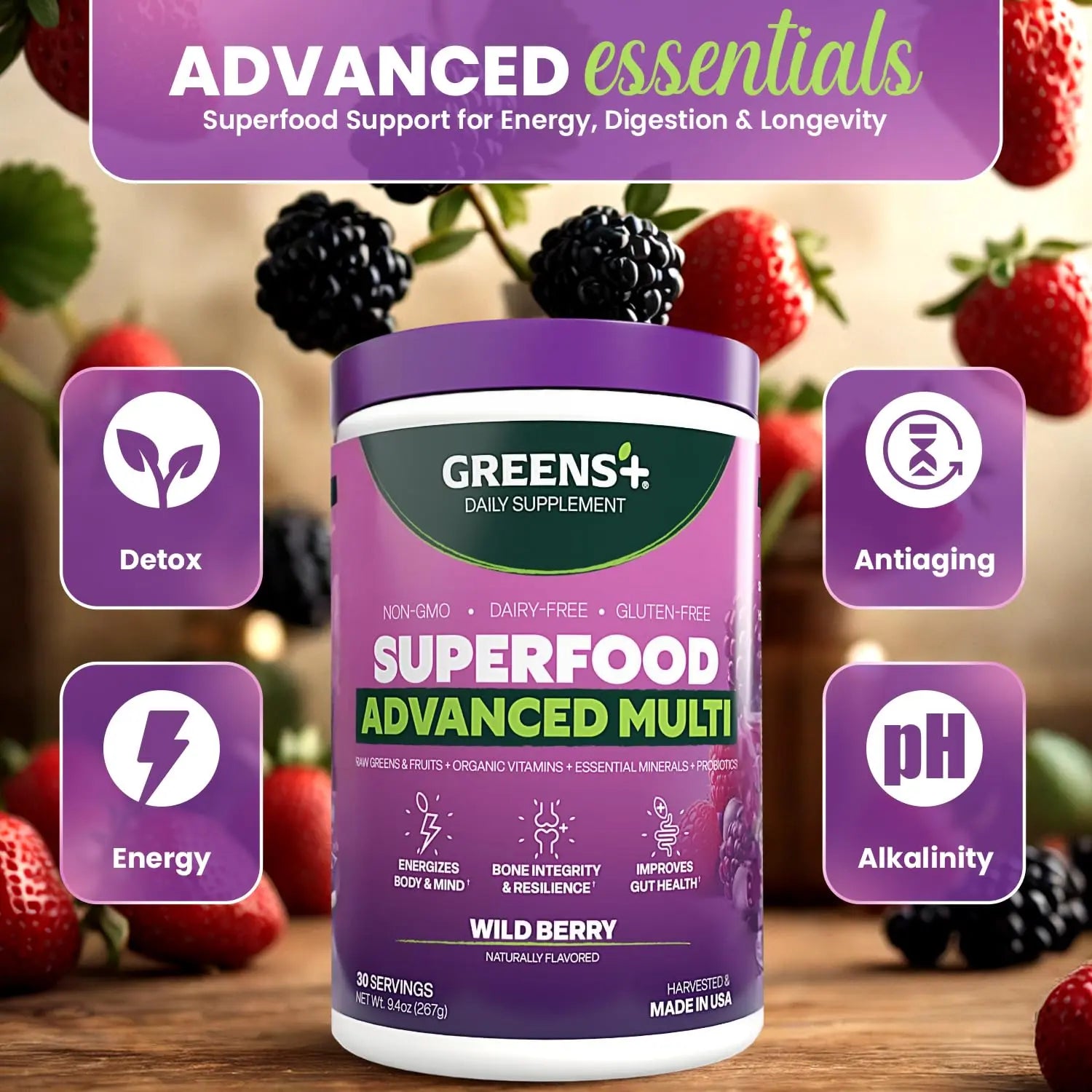 Greens+ Advanced Multi Wild Berry Superfood Powder, Organic Blend, Vegan, Non-GMO, Soy-Free, Dairy-Free, Gluten-Free, Dietary Supplement with Vitamins & Minerals, 9.4 oz Greens+Au supplements