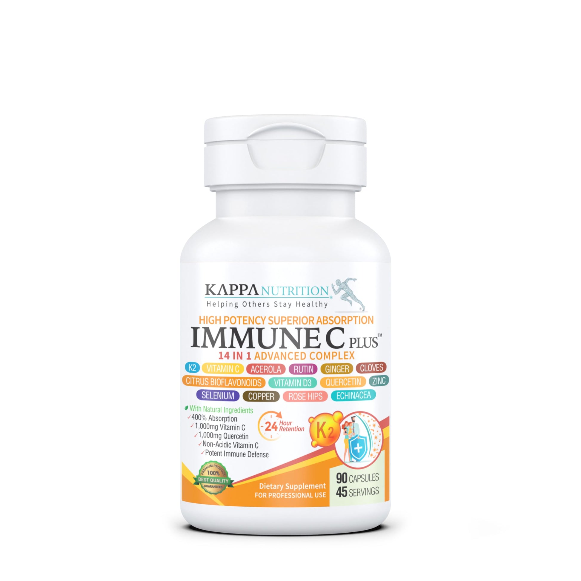 Quercetin 1,000mg, Vitamin C 1,000mg, Zinc 50mg, Vitamin D3 5,000iu, Selenium, Copper, Acerola, Ginger, Rutin, Bitter Orange, Rose Hips, Echinacea, Immune C Plus, 14 in 1 Immune C Plus (90 Count) KAPPA NUTRITIONAu supplements