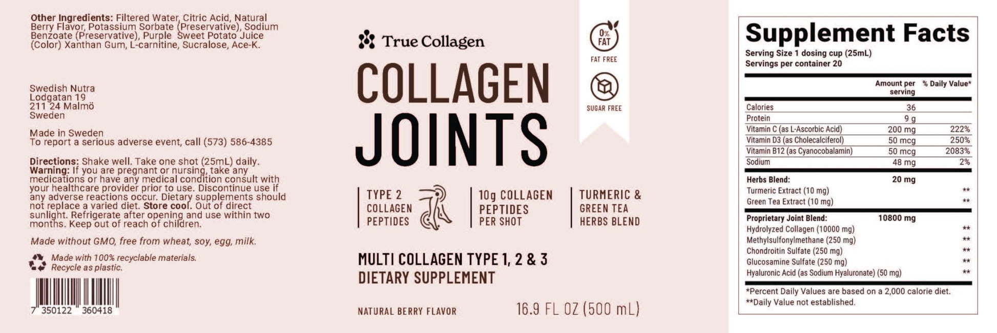 True Collagen Joints | 10,000 mg Hydrolyzed Collagen Liquid Supplement - 500 ml, 20 Day Supply | Glucosamine, MSM and Chondroitin for Healthy Joints | Fat-Free, Sugar-Free, 100% Natural Berry Flavor True CollagenAu supplements