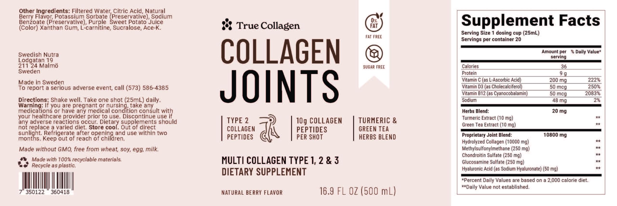 True Collagen Joints | 10,000 mg Hydrolyzed Collagen Liquid Supplement - 500 ml, 20 Day Supply | Glucosamine, MSM and Chondroitin for Healthy Joints | Fat-Free, Sugar-Free, 100% Natural Berry Flavor True CollagenAu supplements