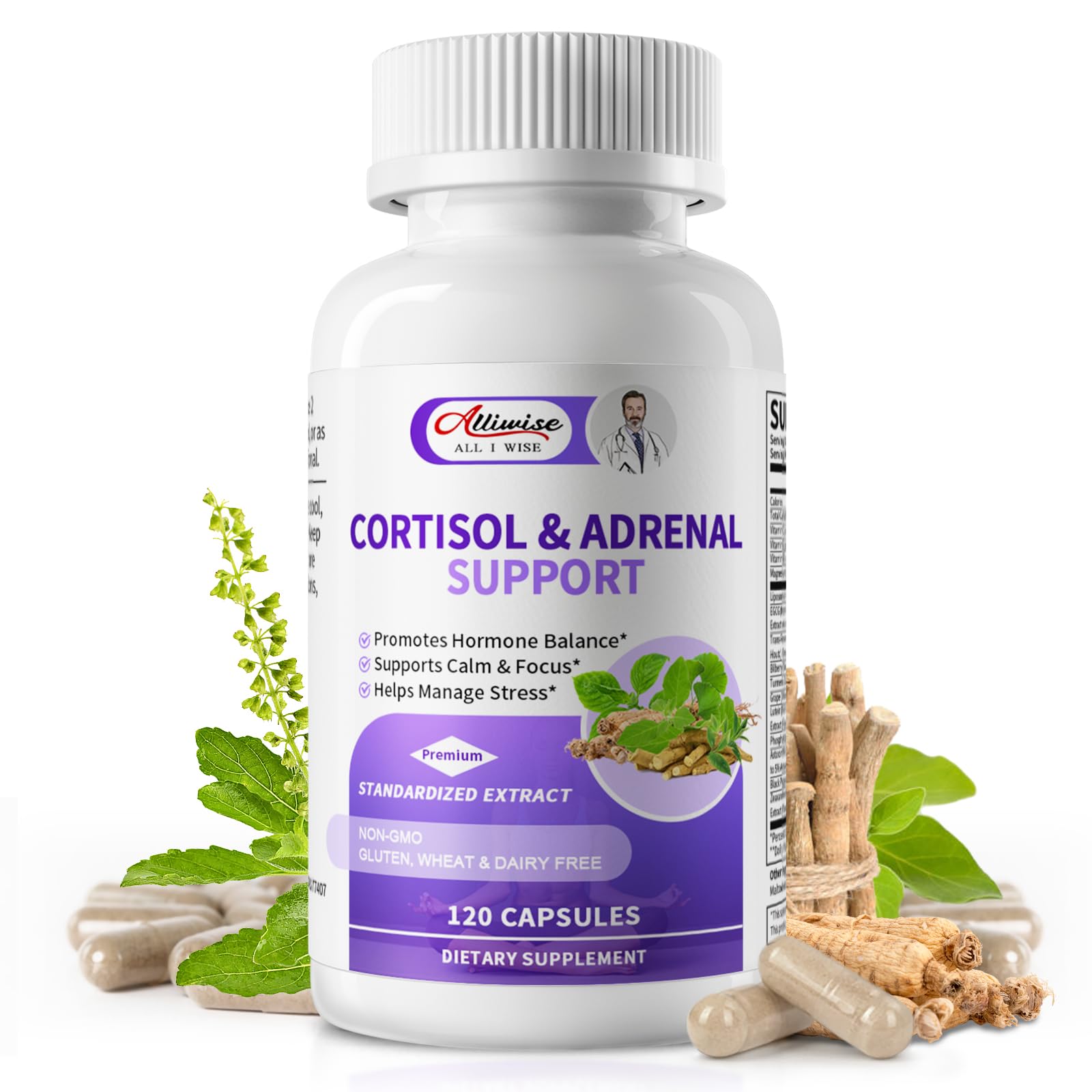 Alliwise Cortisol Supplements for Women & Men - Adrenal Support with Ashwagandha, L-Theanine & Holy Basil for Stress Relief, Mood & Steady Focus - Hormone Balance - 120 Vegan Capsules AlliwiseAu supplements