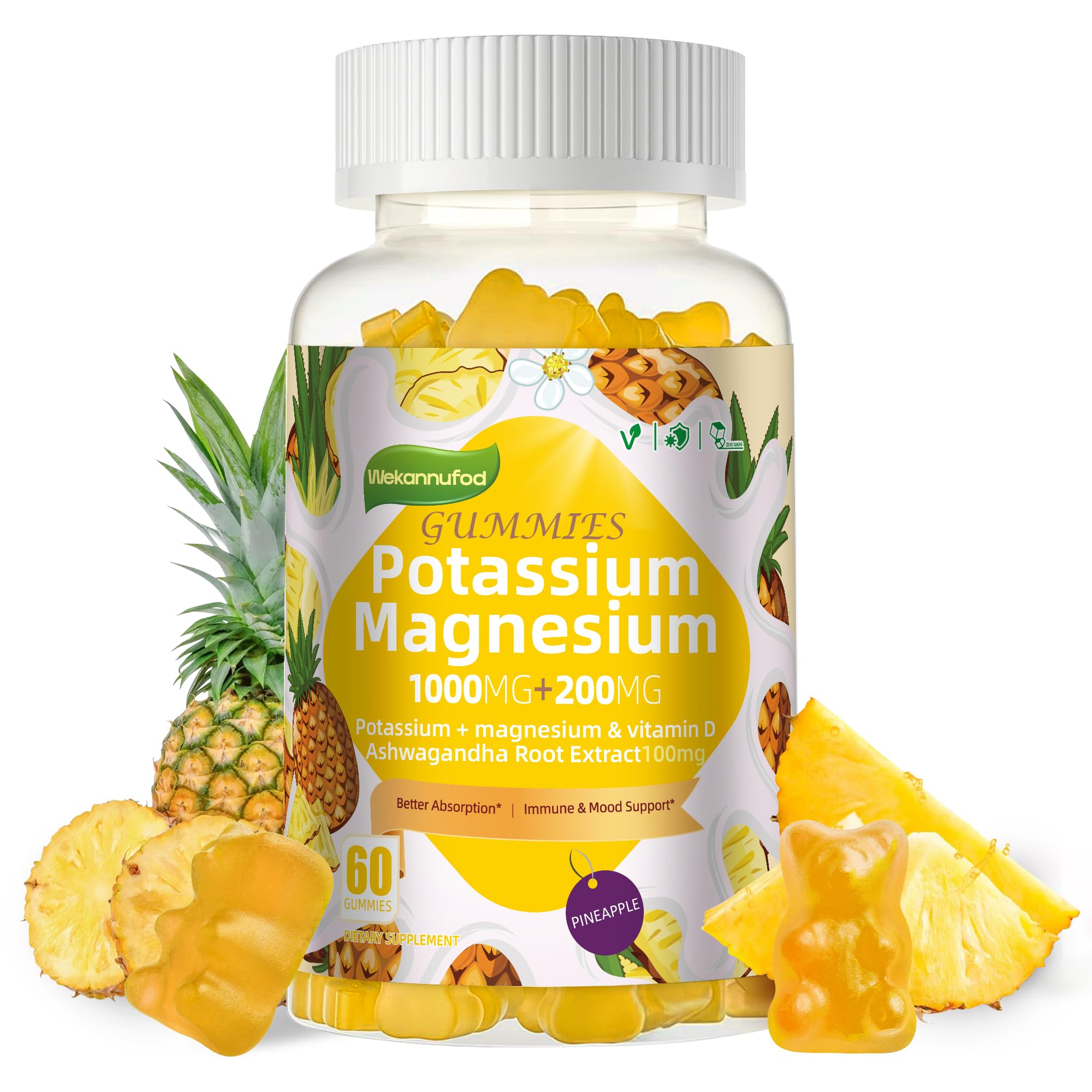 Potassium Magnesium Gummies,High Absorption Magnesium Glycinate,B6,D3,Potassium Citrate for Leg Cramps,Muscle,Electroyte for Adults Kids,Sugar-Free, 60 Gummies (Pineapple) WekannufodAu supplements