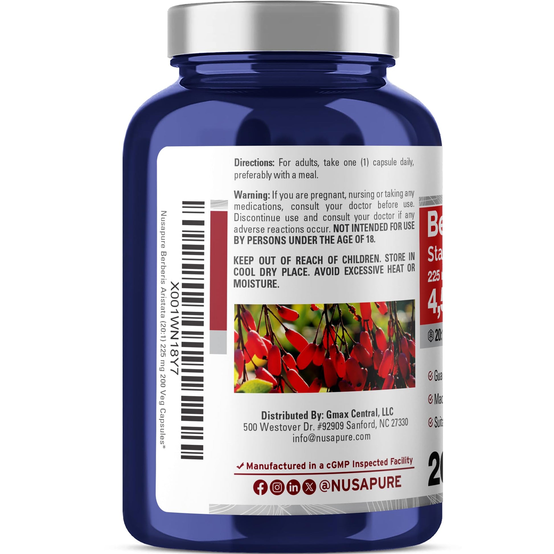 NusaPure Berberine HCI 20:1 Extract, 225 mg Equivalent to 4,500mg - 200 Veggie Caps - (Vegetarian, Non-GMO, Vegan) NusaPureAu supplements