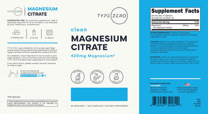 Type Zero Clean Magnesium Citrate Capsules (420mg Per Serving - 200 Capsules) Pure Magnesium Citrate Supplement, Non-GMO - Gluten Free, 50 Servings Type ZeroUS supplements