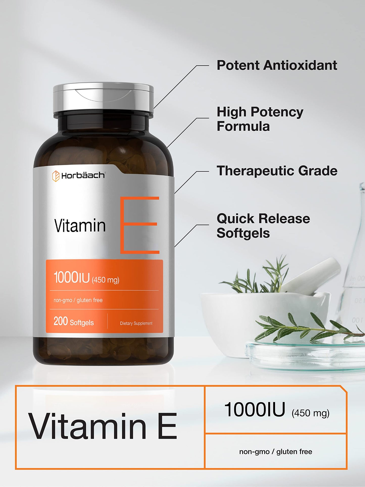 Vitamin E 1000 IU Softgel Capsules | 200 Count | Non-GMO, Gluten Free, Preservative Free HorbäachUS supplements