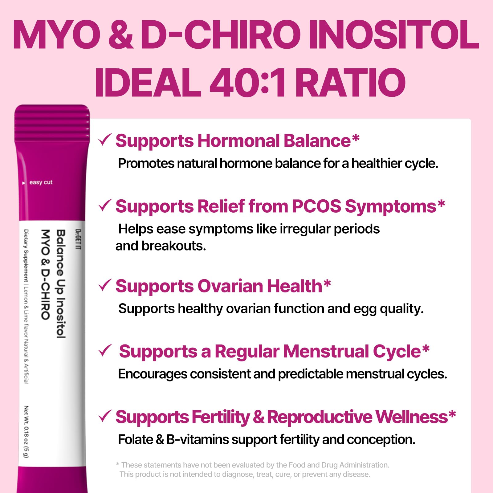 Dr.GET IT Balance Up Inositol 40:1 Myo & D-Chiro with Folate & Choline – Hormone Balance & Reproductive Health Support for Women – Lemon Lime Stick Powder, 30 Servings Dr.GET ITAu supplements
