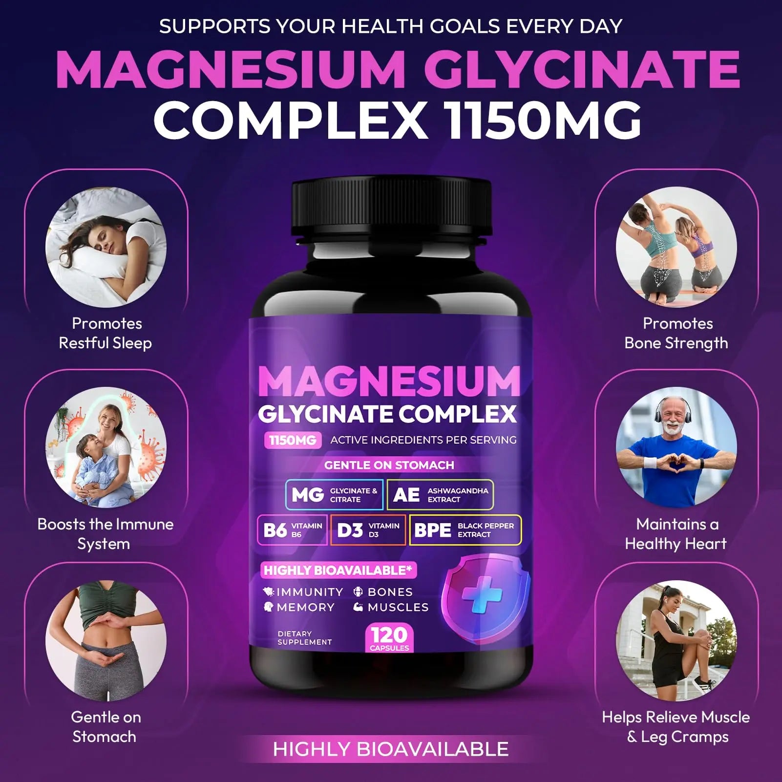 Magnesium Glycinate Complex 1150mg - Gentle on Stomach High Absorption Magnesium Capsules with Citrate, Silica, Ashwagandha & Vitamin B6 for Zzz, Stress Relief, Muscle Support for Adults, Women & Men Cytonanz supplements