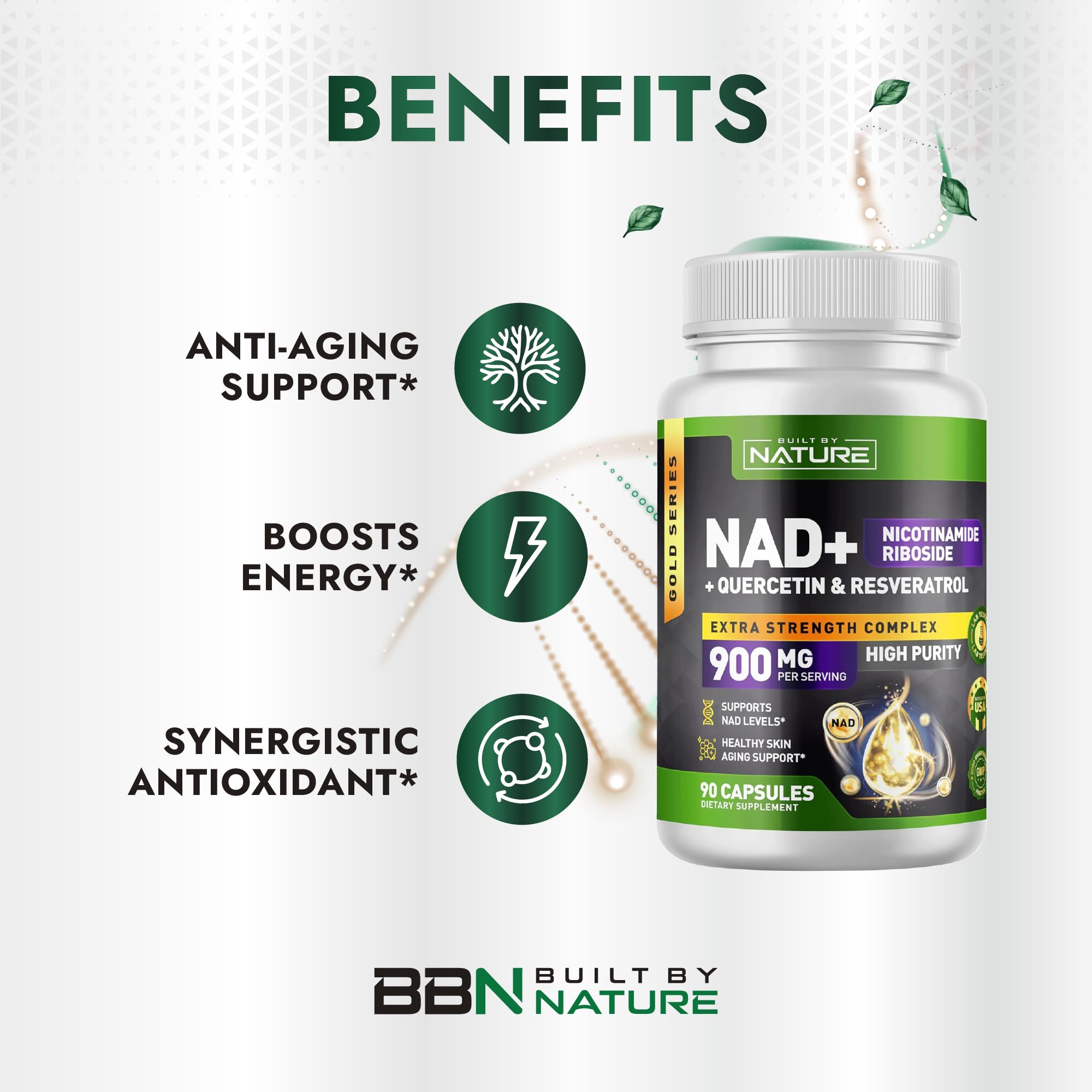 Built by Nature NAD Supplement – NAD+ Nicotinamide Riboside with Resveratrol & Quercetin 900mg Formula – NMN Alternative Supplement for Energy, Cellular Health & Anti-Aging – 90 Capsules Built by NatureAu supplements