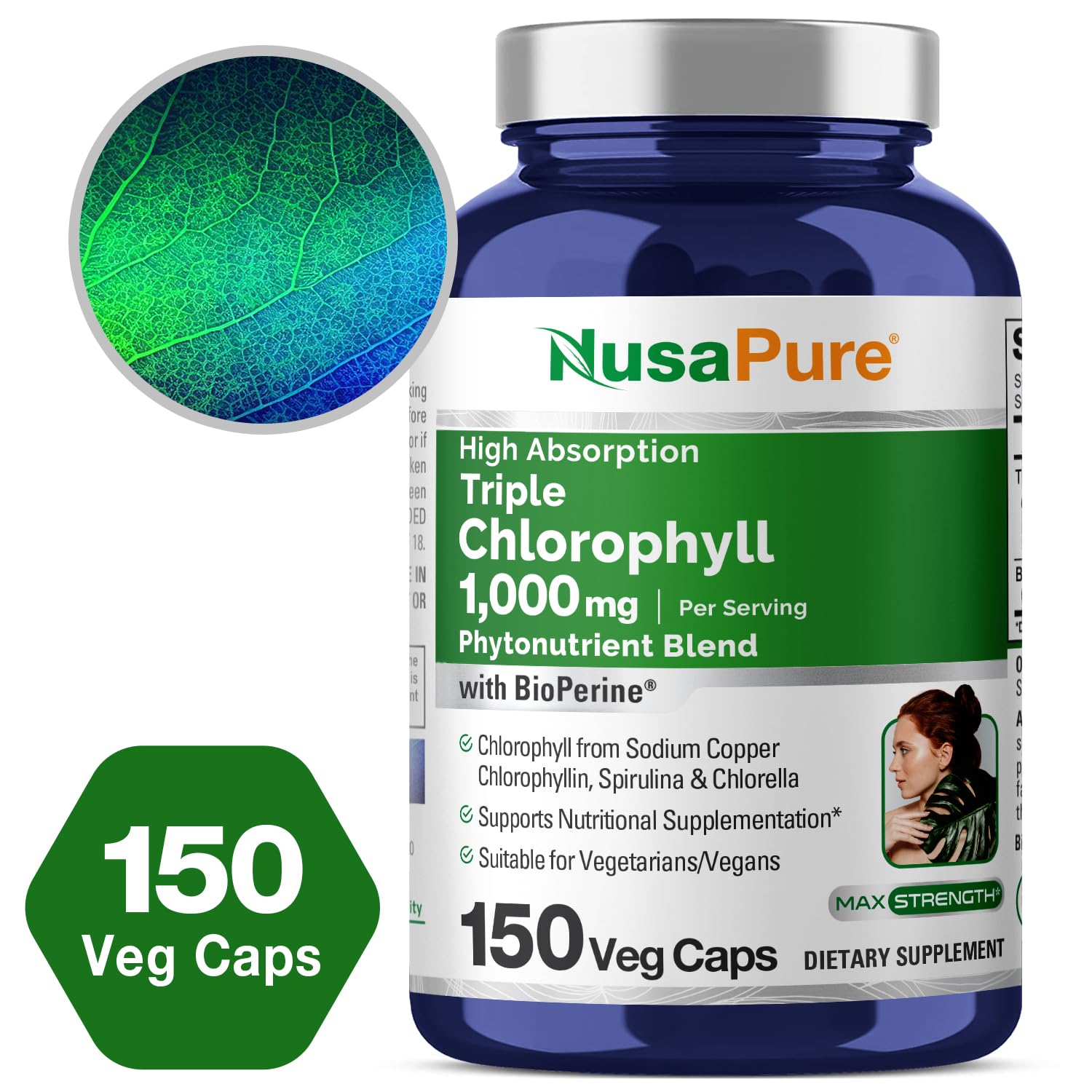 NusaPure High Absorption Triple Chlorophyll 1000 mg 150 Veg Caps Suitable for Vegetarians and Vegans, Non-GMO NusaPureAu supplements