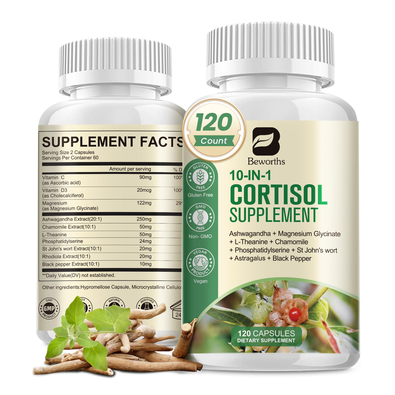 B BEWORTHS Cortisol Supplements for Women Men, 10-in-1 Cortisol Detox with Ashwagandha, Magnesium, L-Theanine, Balanced Cortisol Levels, Night & Calm Support, 120 Vegan Capsules B BEWORTHSAu supplements