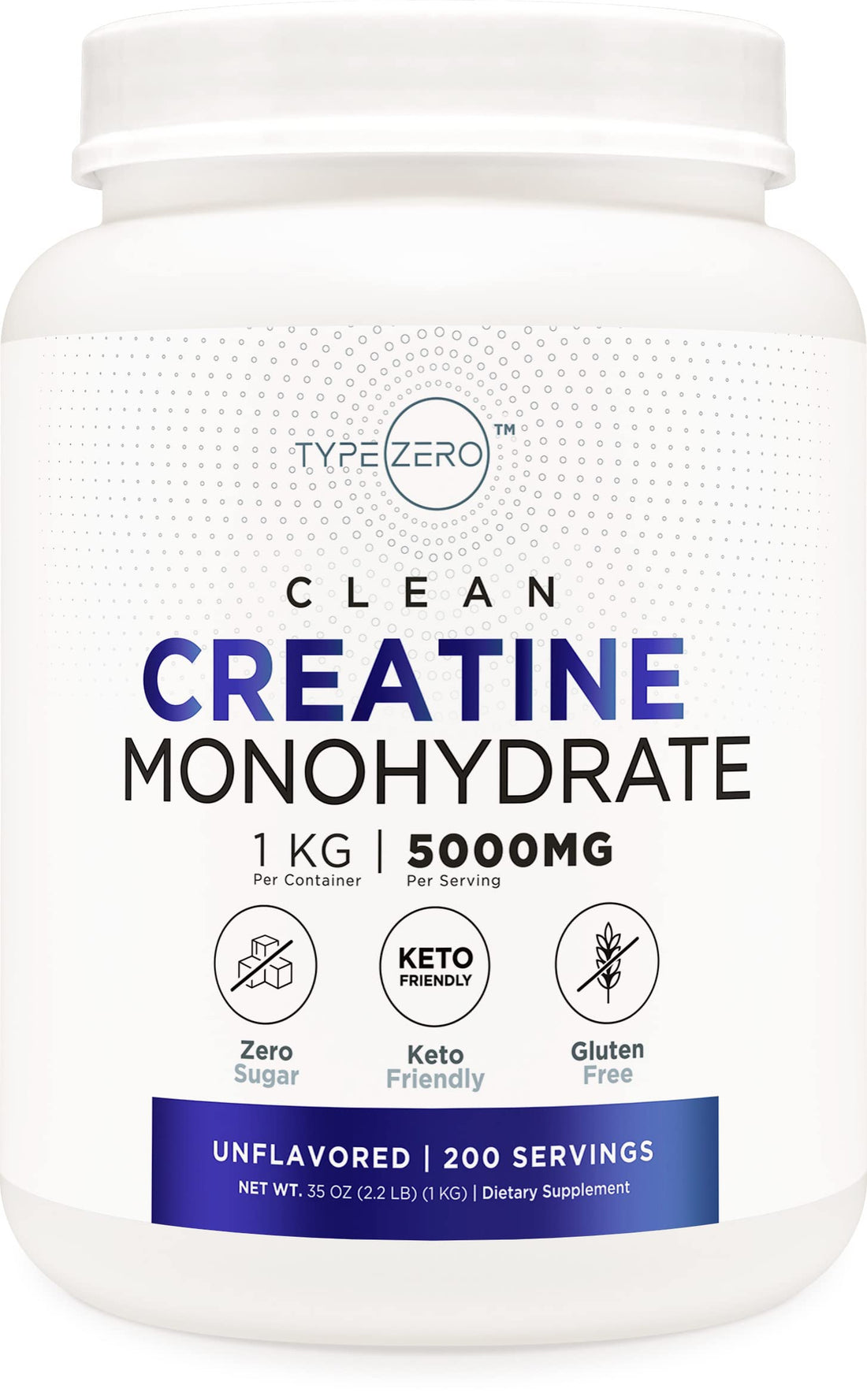 Type Zero Creatine Monohydrate (Unflavored) 1 KG, 5000mg (5g) Per Serving, Micronized, Zero Sugar, Keto Friendly & Gluten Free, 200 Servings Type ZeroUS supplements