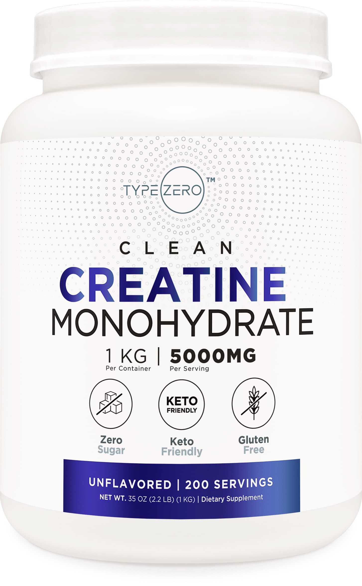 Type Zero Creatine Monohydrate (Unflavored) 1 KG, 5000mg (5g) Per Serving, Micronized, Zero Sugar, Keto Friendly & Gluten Free, 200 Servings Type ZeroUS supplements