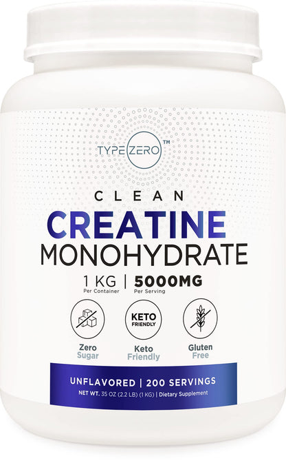 Type Zero Creatine Monohydrate (Unflavored) 1 KG, 5000mg (5g) Per Serving, Micronized, Zero Sugar, Keto Friendly & Gluten Free, 200 Servings Type ZeroUS supplements