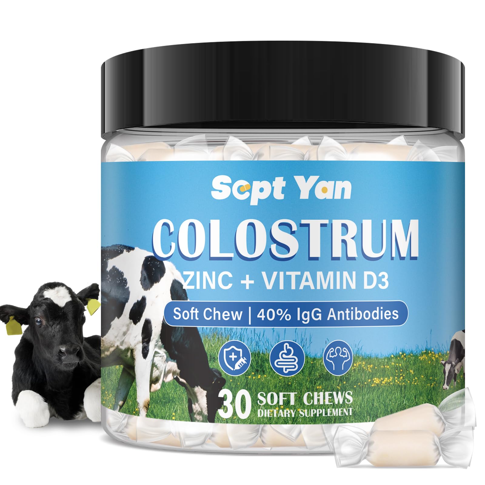 Colostrum Soft Chew Supplement (3000mg + 40% IgG), Concentrated Bovine Colostrum SEPT YANUS supplements