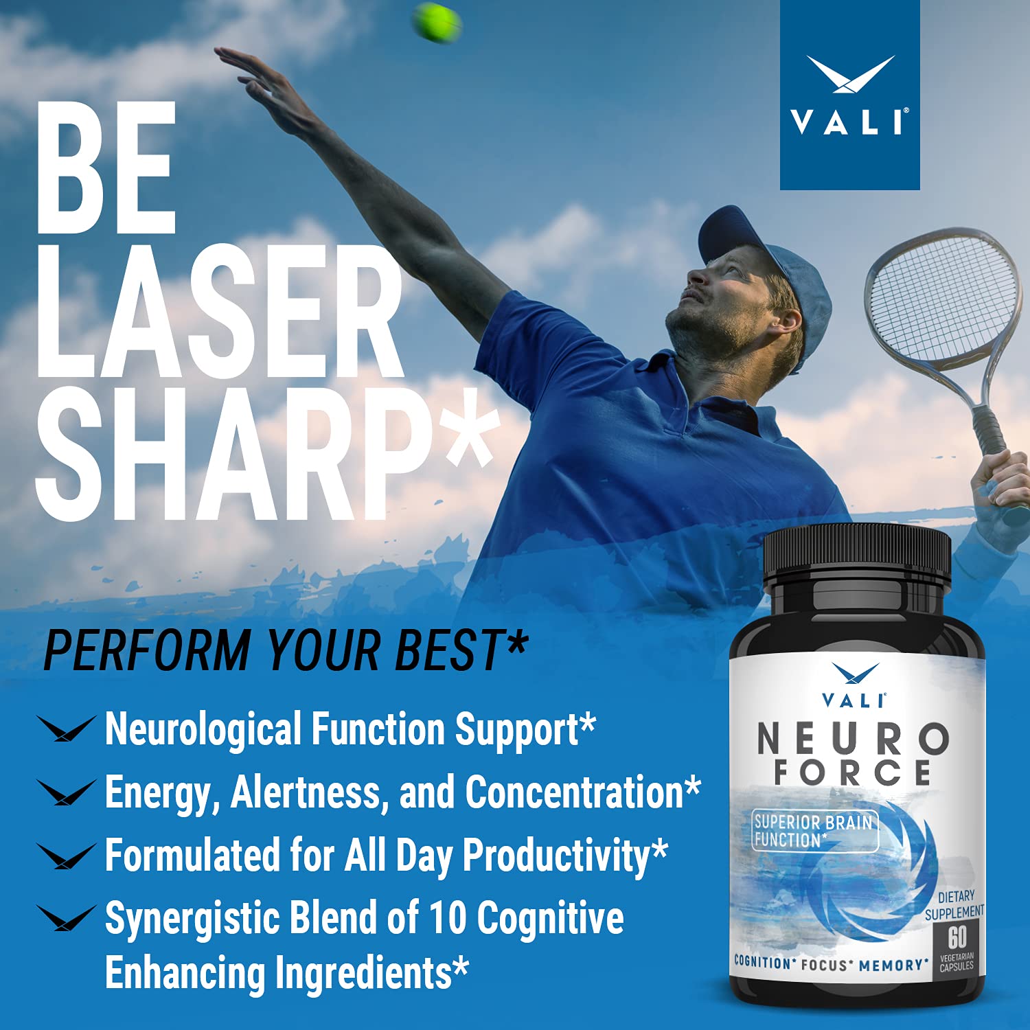 VALI Neuro Force Brain Booster Supplement for Focus, Memory, Clarity & Energy. Extra Strength Nootropic Cognitive Function Support for Mental Performance. with Natural Caffeine. 60 Veggie Capsules VALIAu supplements