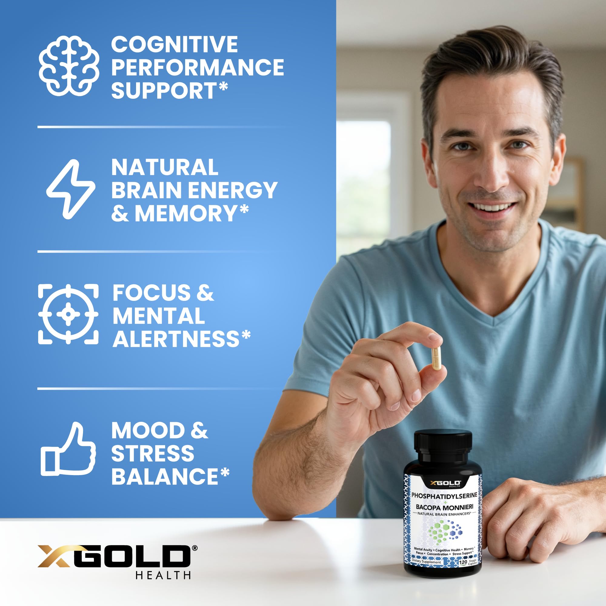 PhosphatidylSerine & Bacopa Monnieri 800 mg 2 in 1 Supplement - Natural Brain Enhancer/Nootropic for Enhanced Focus and Concentration, Memory Support, & Cognitive Function - 120 Vegetarian Capsules X Gold HealthAu supplements