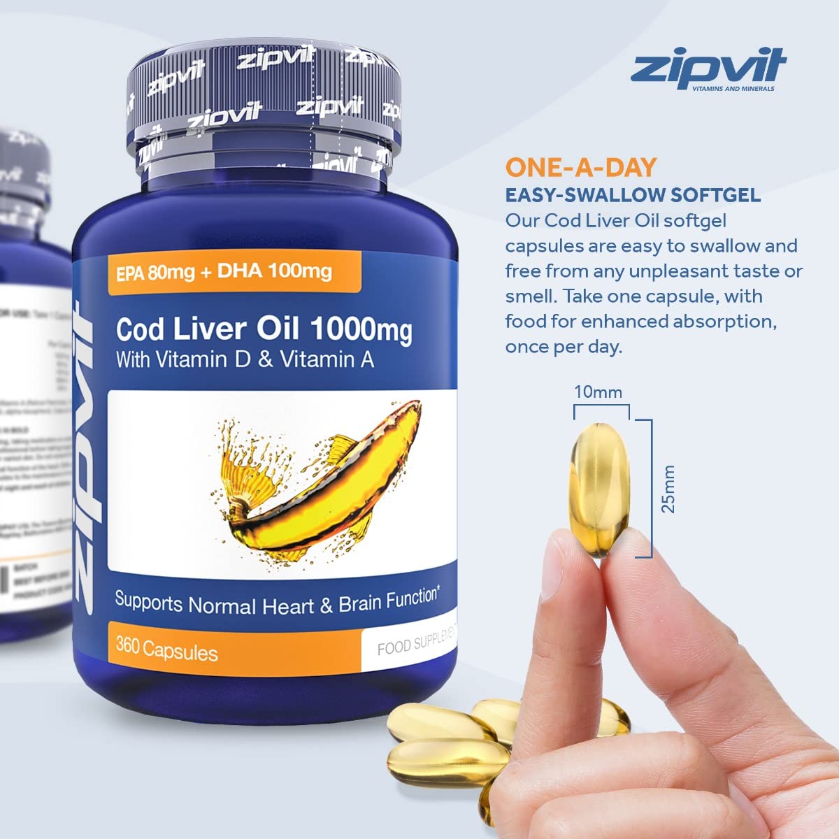 Cod Liver Oil 1000mg, 360 Capsules of High Strength Fish Oil, Rich in Omega 3. Supports ZipvitUS supplements