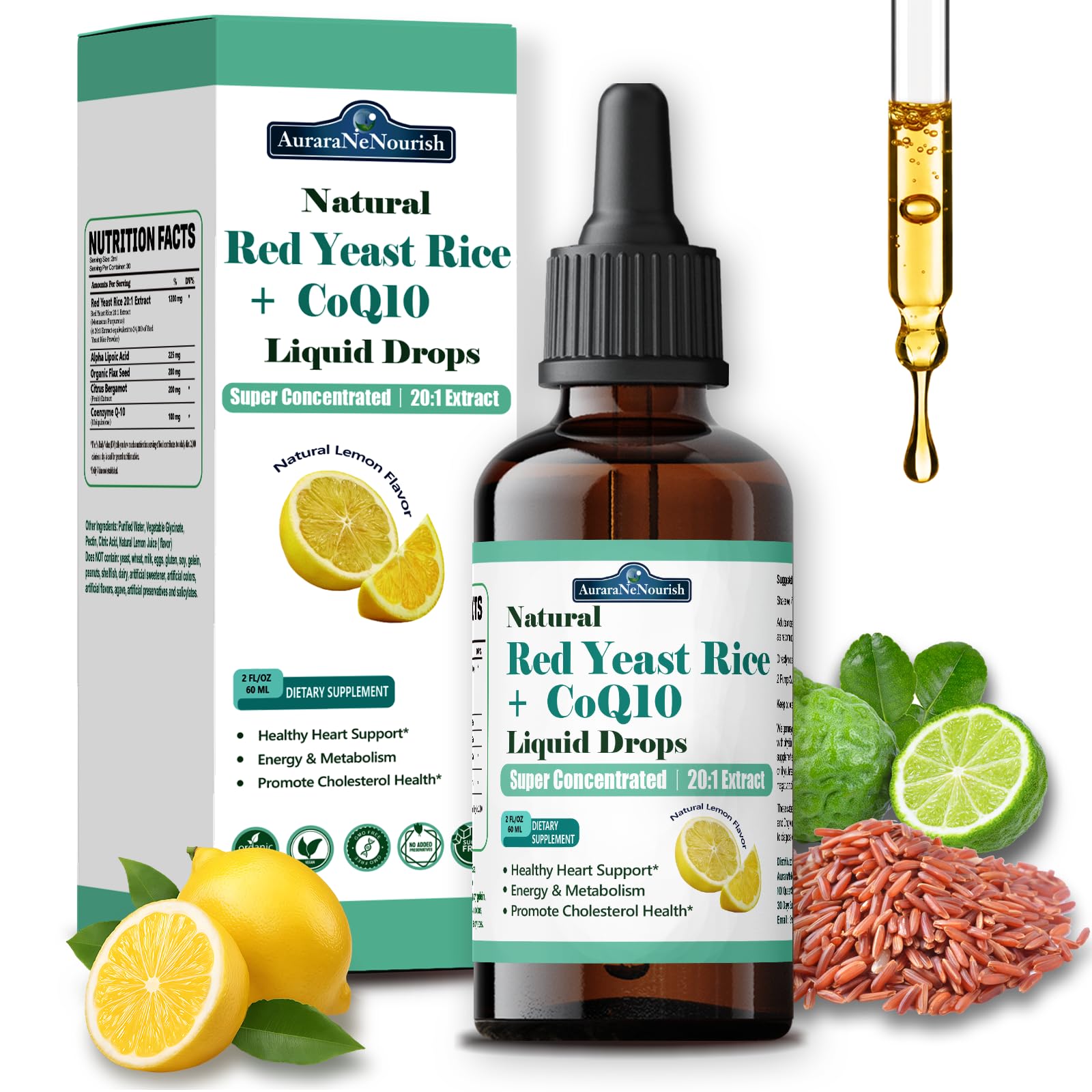 Liposomal Red Yeast Rice with Coq10 Liquid Drops, 5-in-1 Extra Strength 1200mg Cholesterol & Heart Support w. Citrus Bergamot Alpha Lipoic Acid | Cholesterol Lowering Supplement | GMO & Citrinin Free AuraraNeNourishAu supplements