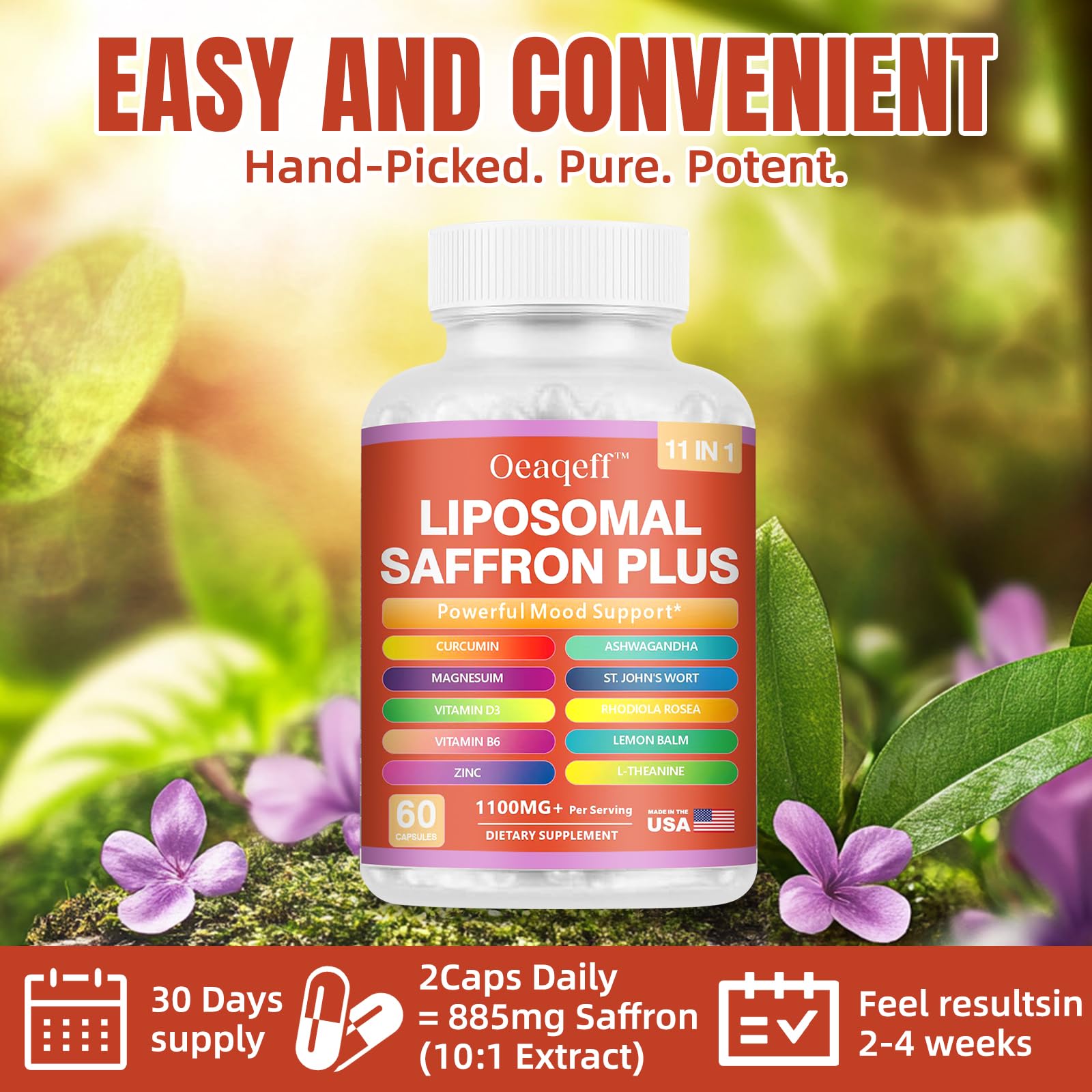 Oeaqeff Liposomal Saffron Supplements -11 in 1 100% Pure Saffron Extract 88.5 mg Maximum Absorption for Mood, Energy & Vision,Vegan, Non-GMO - 60 Vegan Capsules (1) OeaqeffAu supplements