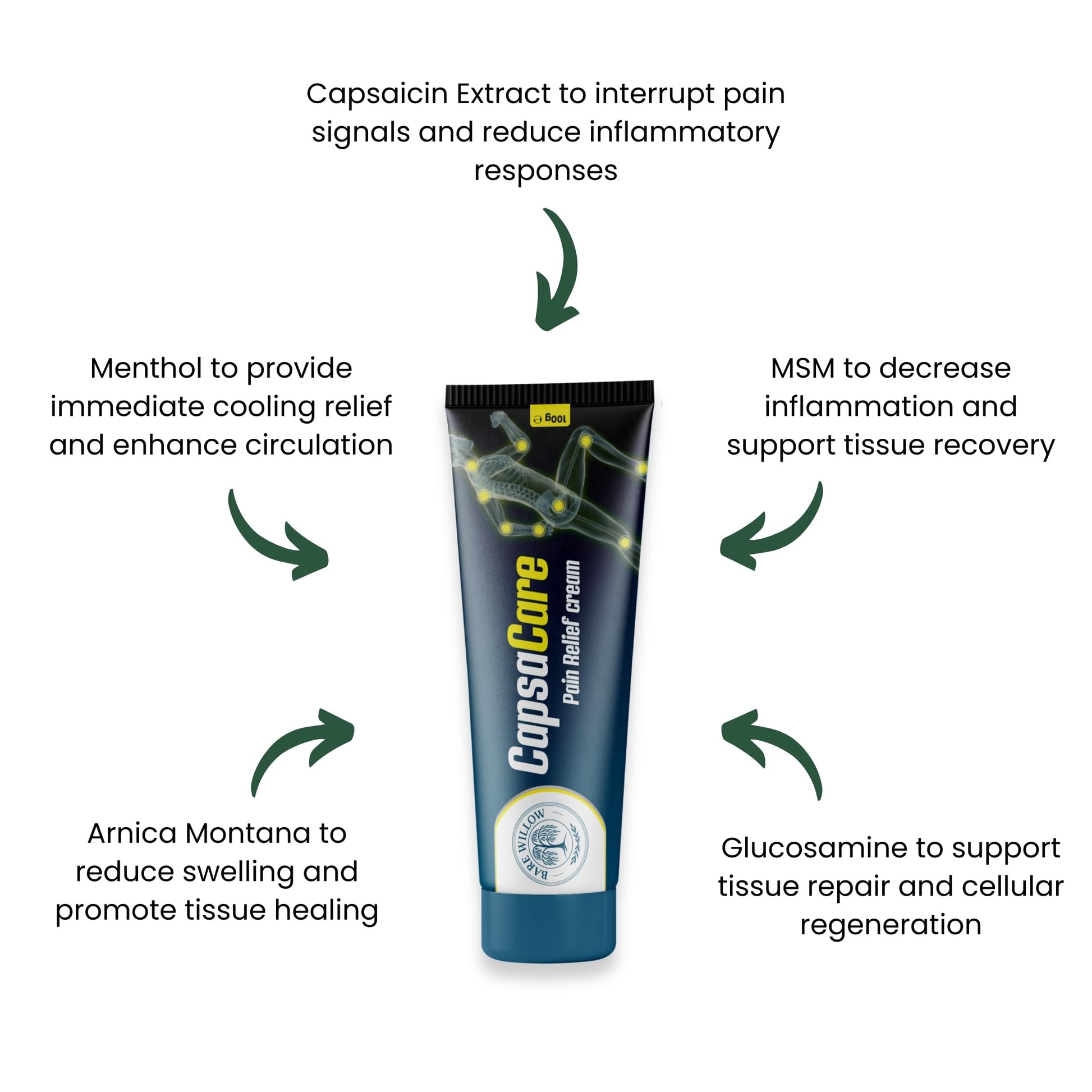 CapsaCare Cream with Capsaicin 0.125% & Magnesium, NeuroSoothe Blend with Arnica, Glucosamine, Menthol & Aloe, Fragrance Free, Non Greasy, Hydrating Topical Skin Cream for Men and Women, 100g (1 Pack) Bare WillowAu supplements