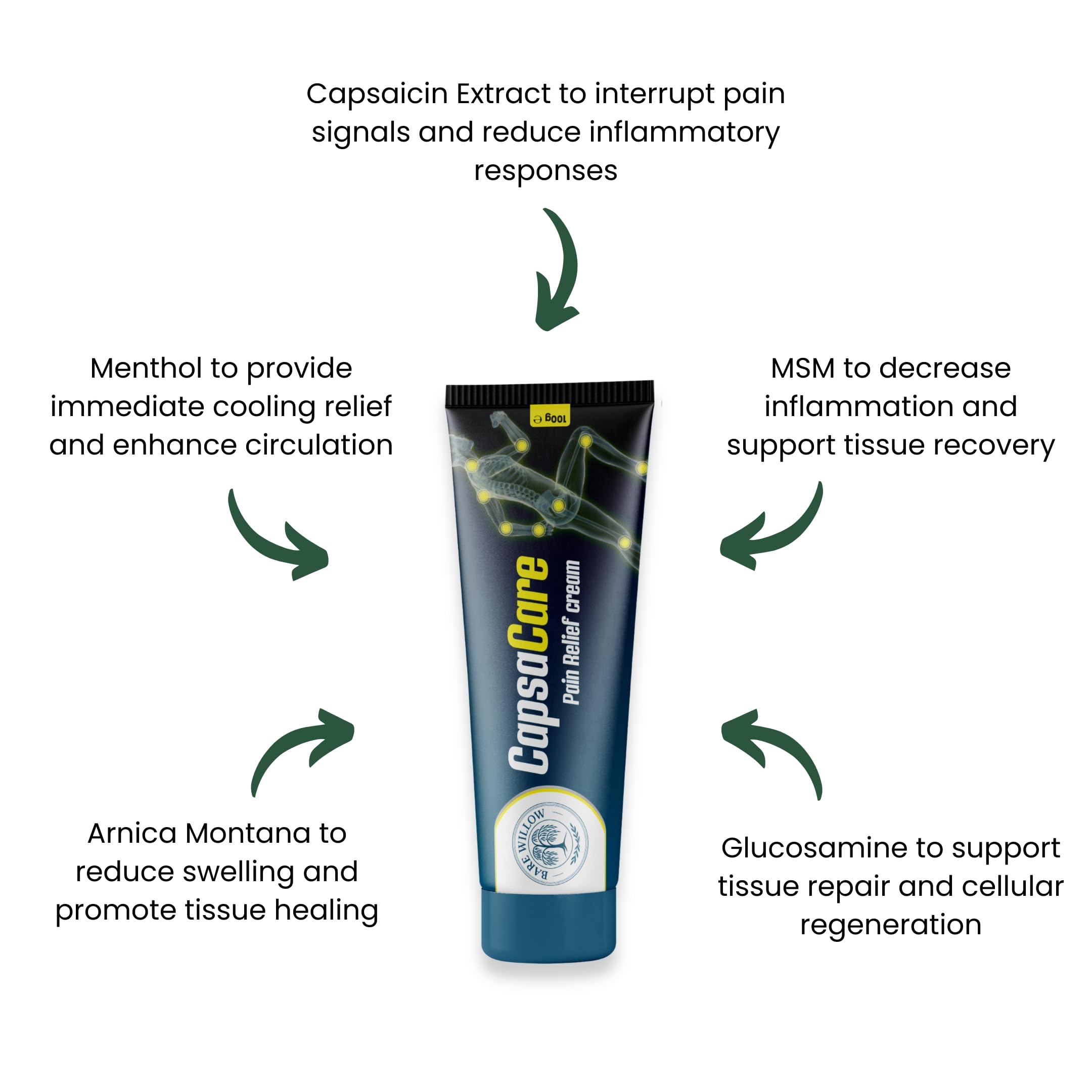 CapsaCare Cream with Capsaicin 0.125% & Magnesium, NeuroSoothe Blend with Arnica, Glucosamine, Menthol & Aloe, Fragrance Free, Non Greasy, Hydrating Topical Skin Cream for Men and Women, 100g (1 Pack) Bare WillowAu supplements