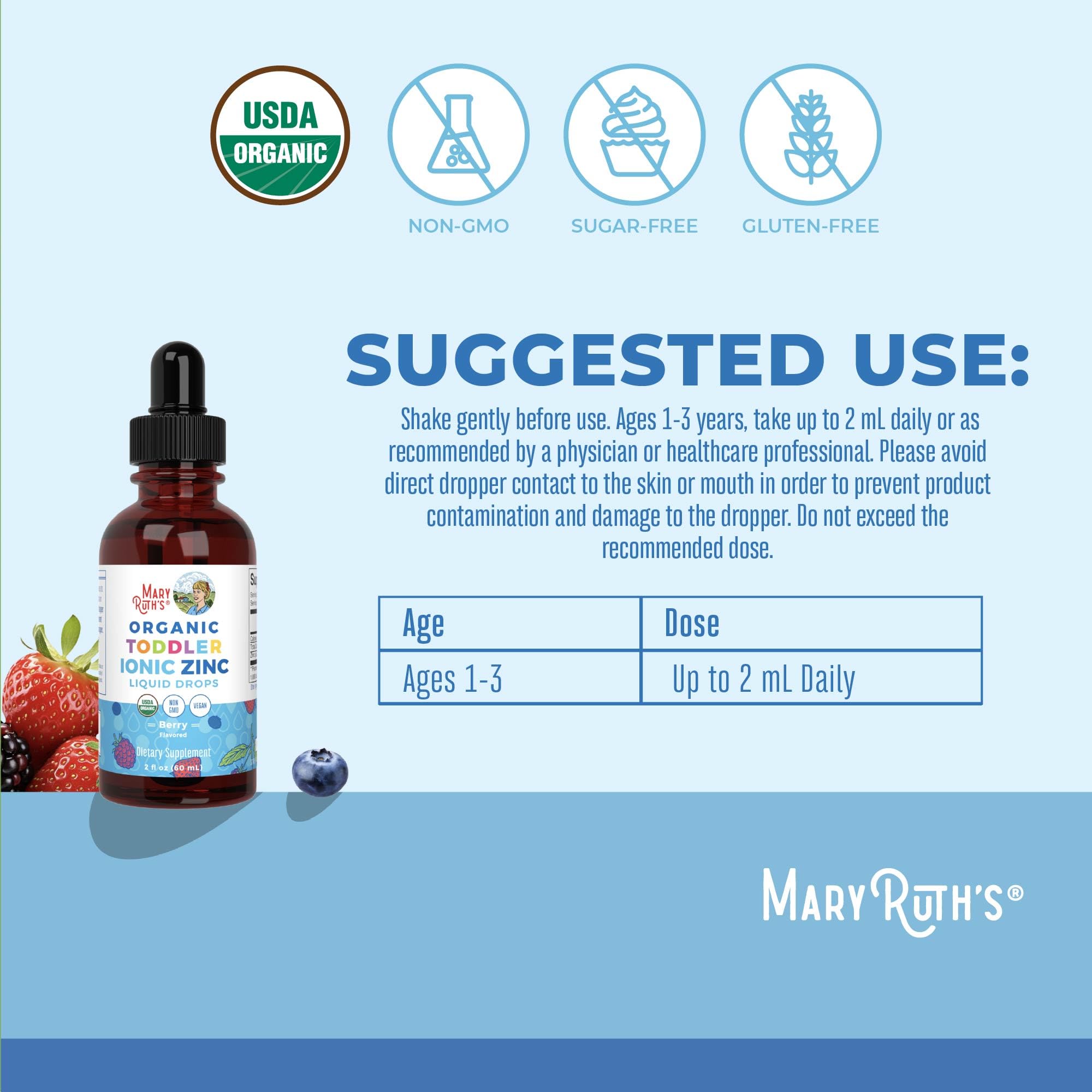 MaryRuth Organics USDA Toddler Liquid Drops | Zinc Sulfate | Immune Support Supplement| Skin Health | Vegan | Formulated for Ages 1-3 | Delicious Berry Flavor | 1 Month Supply | 2 Fl Oz MARYRUTH'SUS supplements